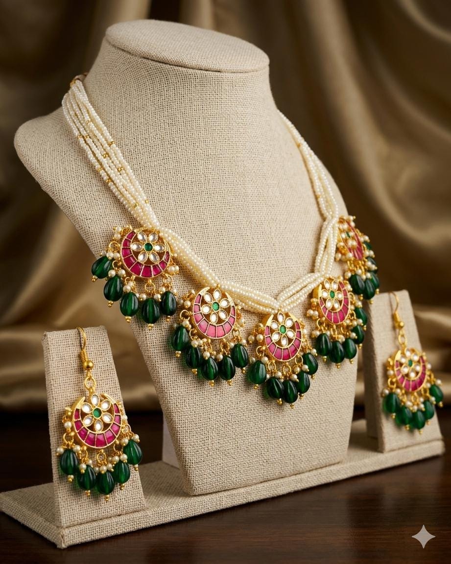 Traditional Indian Bib Choker Necklace Set, Red Green Pink Beaded Statement Jewelry
