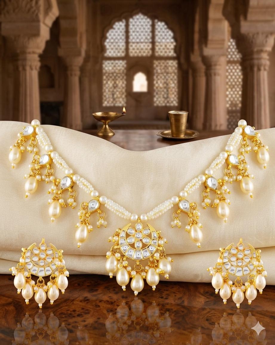 Pearl Kundan Choker Set | Crescent Bridal Necklace with Earrings | Traditional Indian Wedding Jewelry