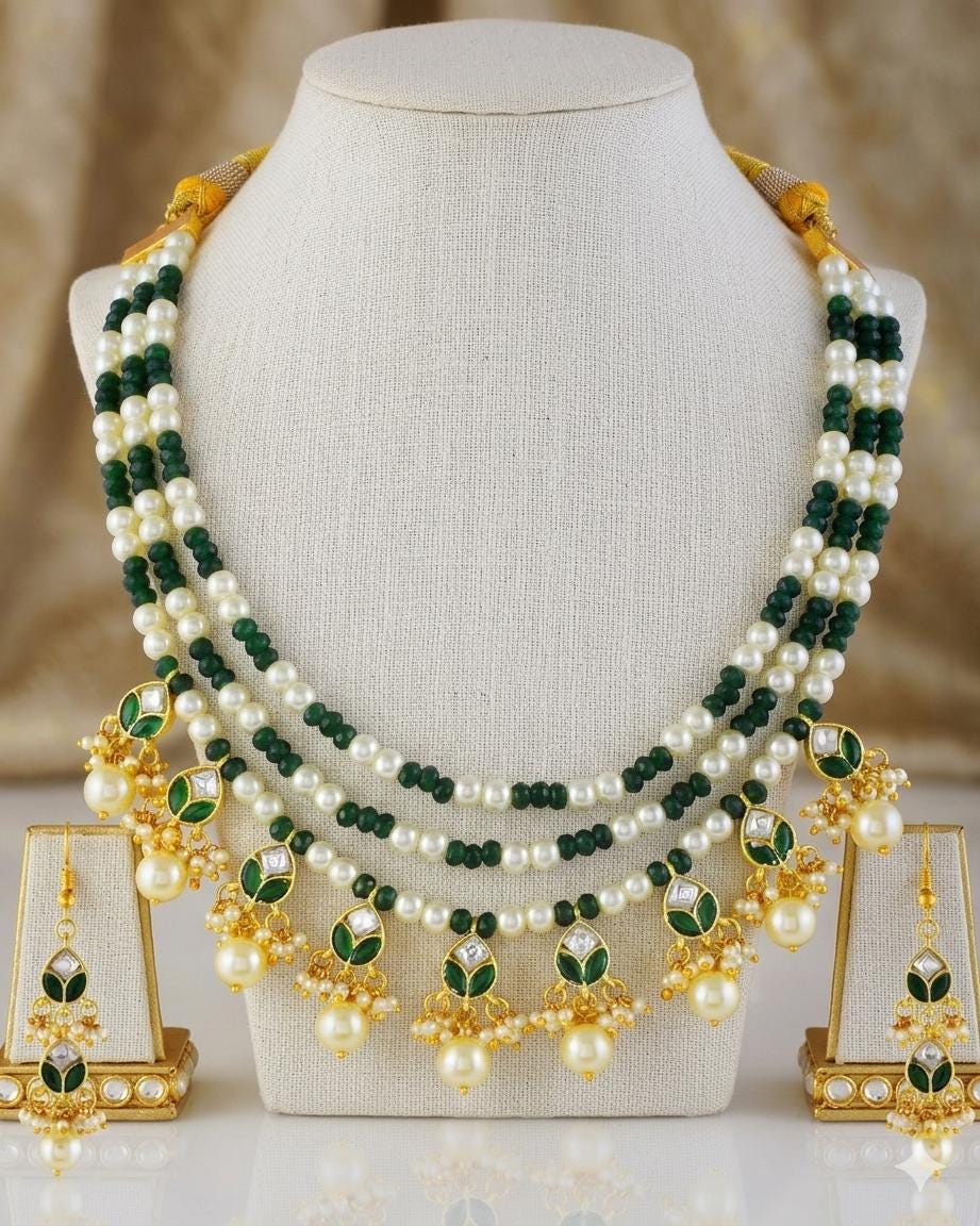 Green Pearl Multi Layer Necklace Earrings Set | Traditional Indian Bridal Jewelry