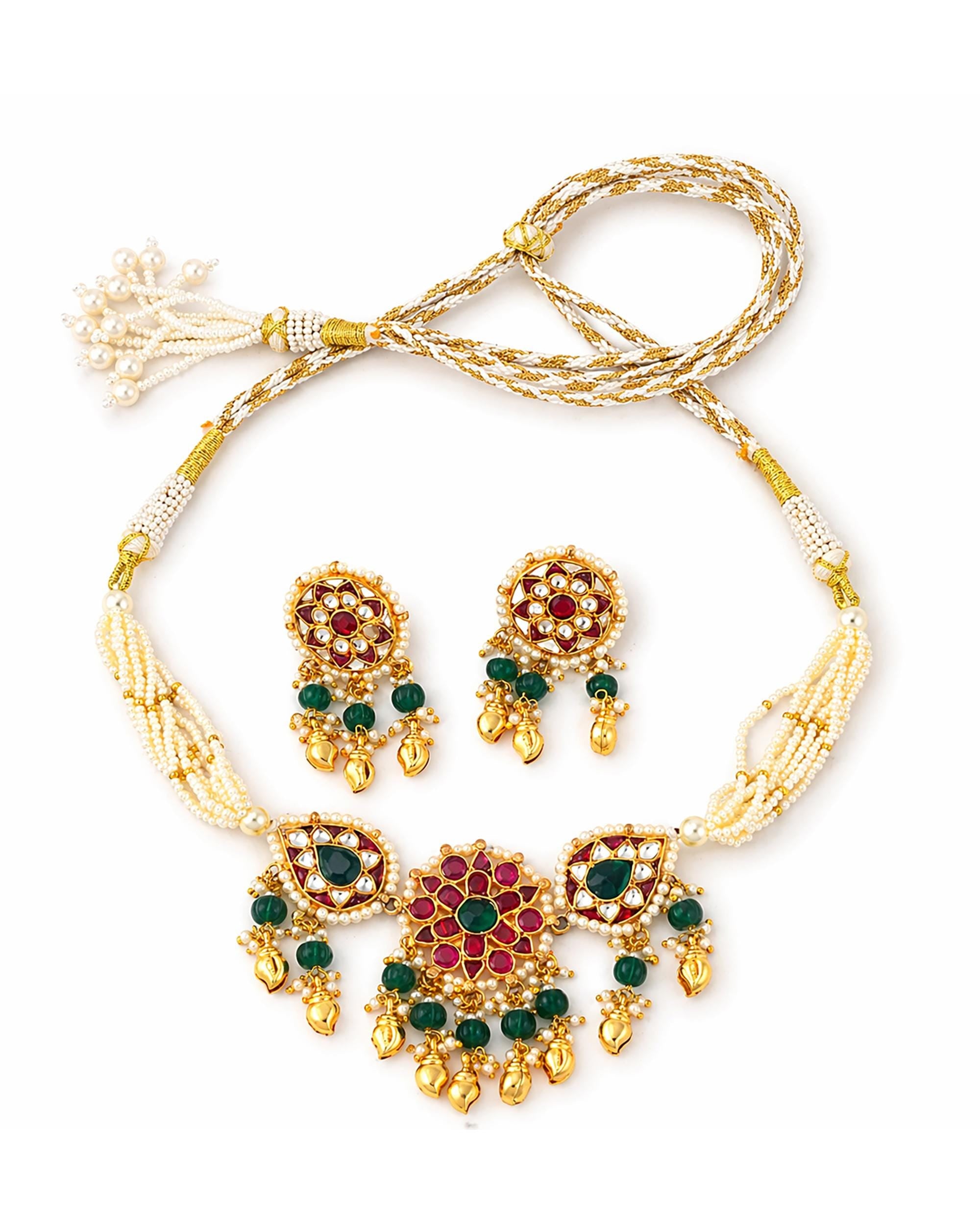 Elegant Traditional Kundan Choker Necklace Set with Emerald & Ruby Accents