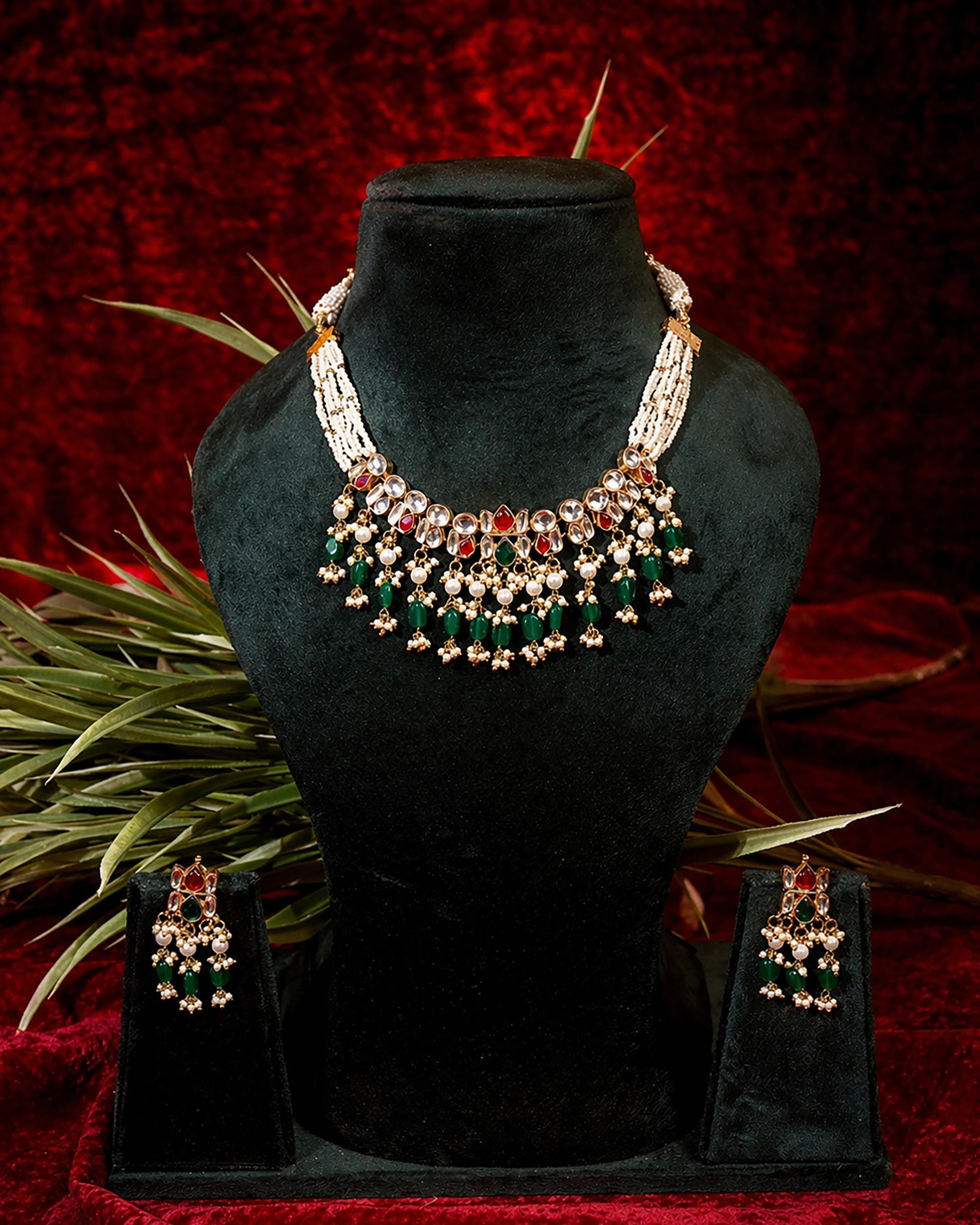 Elegant Handcrafted Kundan Necklace Set with Emerald Green & Ruby Red Accents