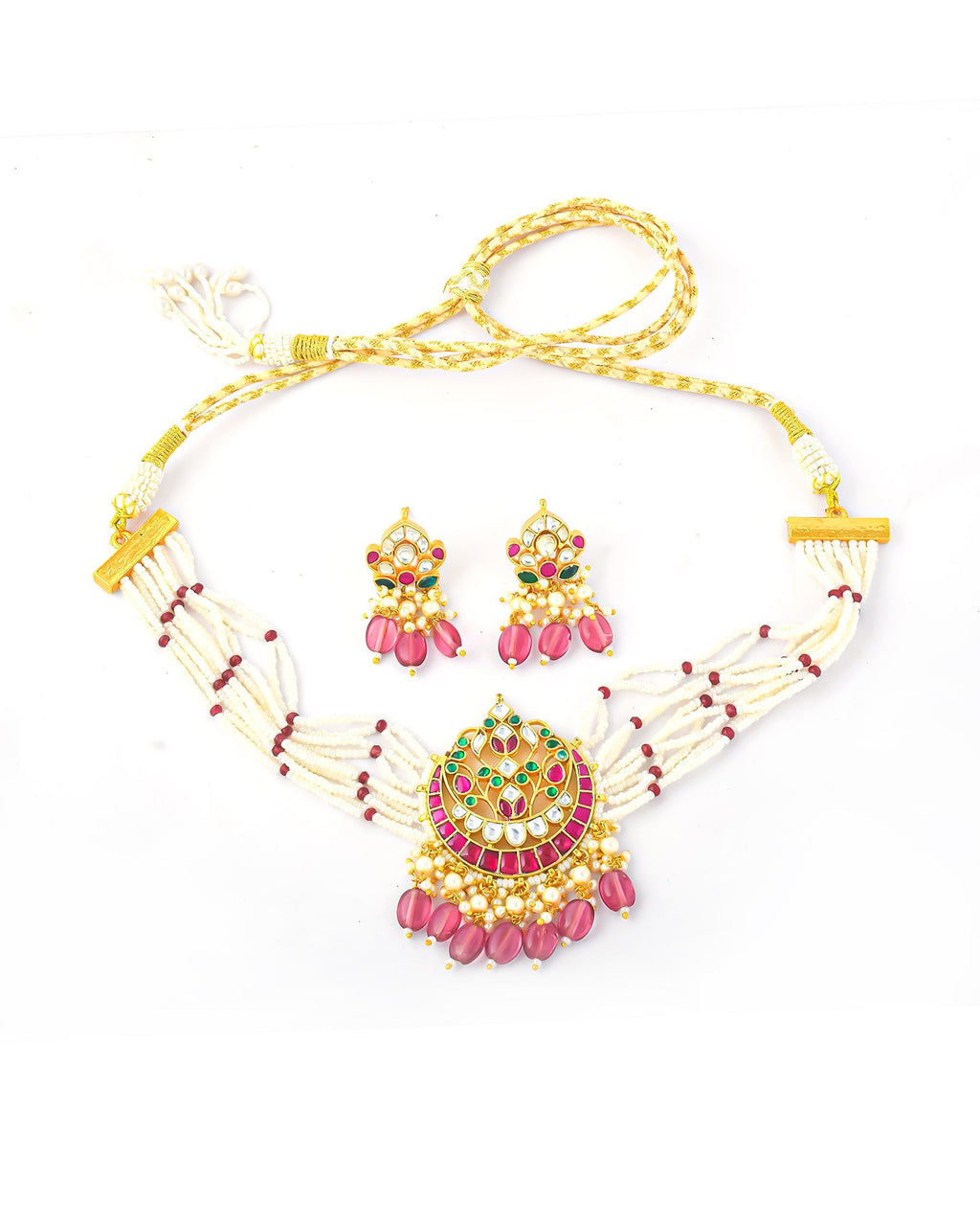 Royal Jadau Kundan Chandbali Necklace Set with Pink Monalisa Beads