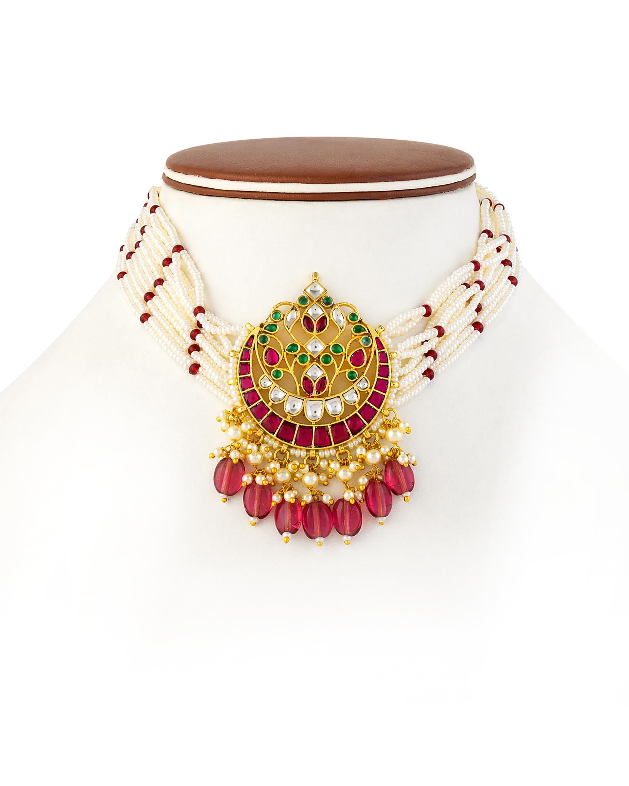 Royal Jadau Kundan Chandbali Necklace Set with Pink Monalisa Beads