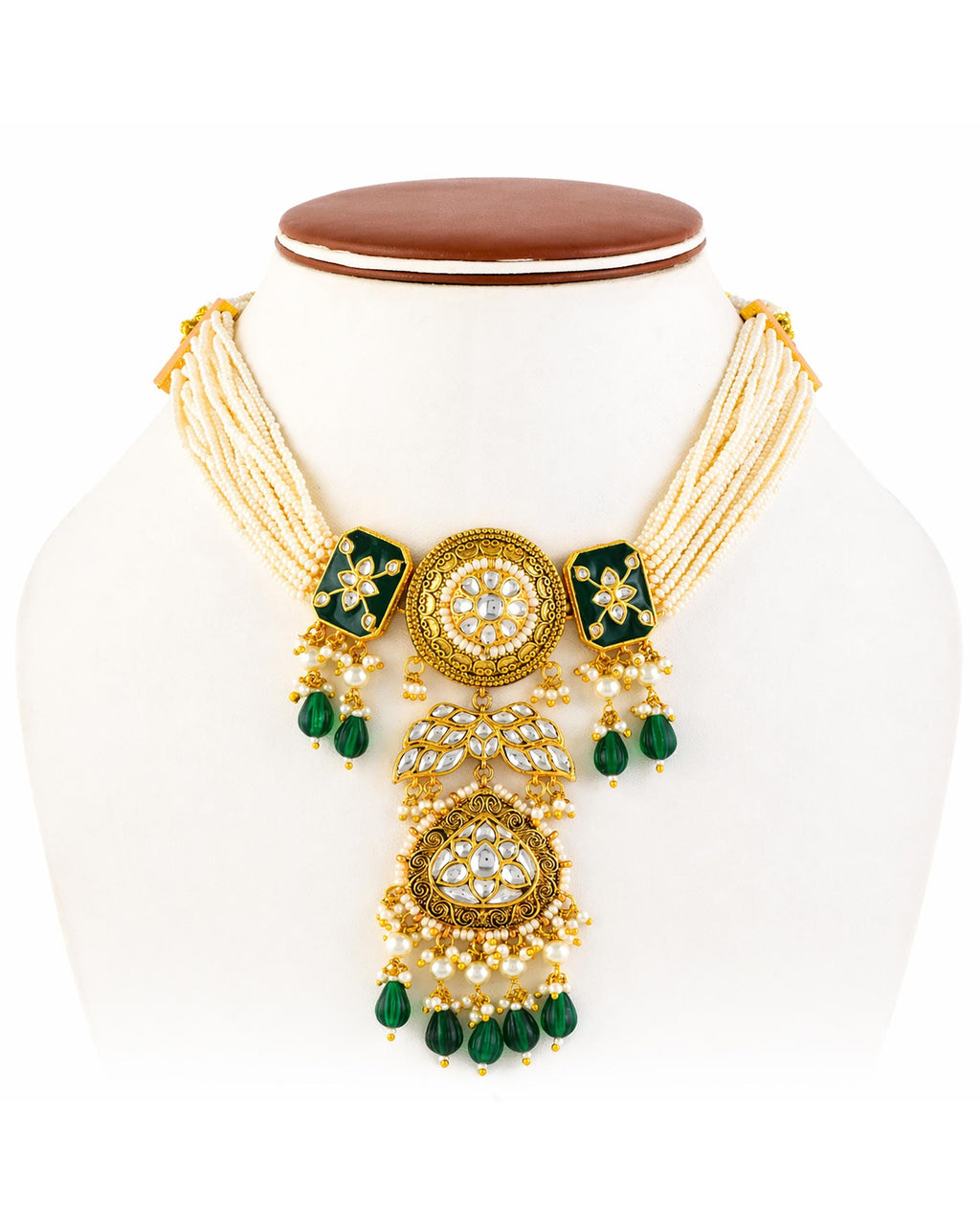 Vintage Gold-Plated Pachi Kundan Statement Pendant Necklace Set with Emerald Green Drops