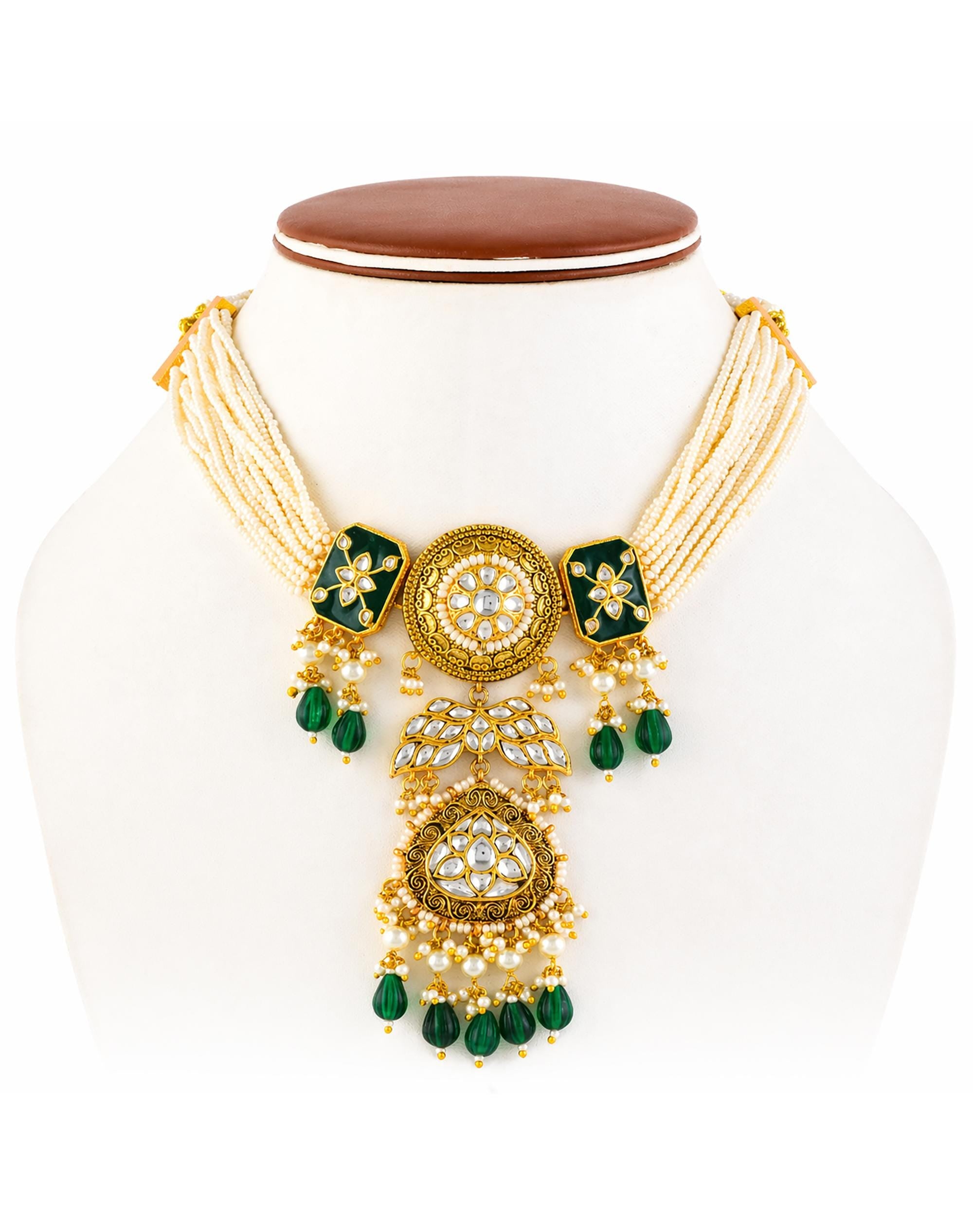 Vintage Gold-Plated Pachi Kundan Statement Pendant Necklace Set with Emerald Green Drops