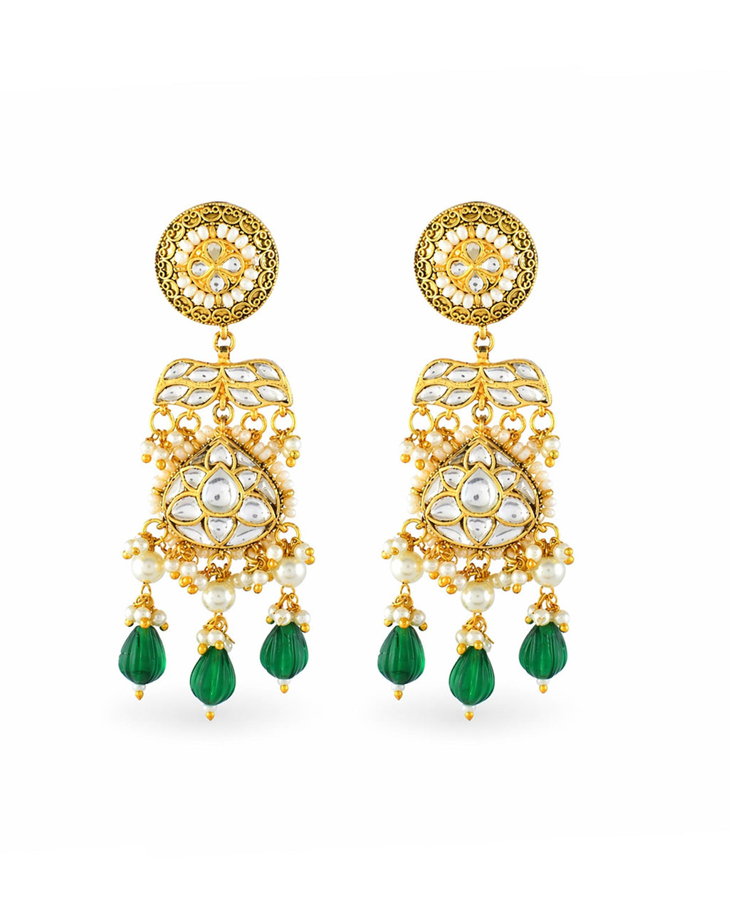 Vintage Gold-Plated Pachi Kundan Statement Pendant Necklace Set with Emerald Green Drops