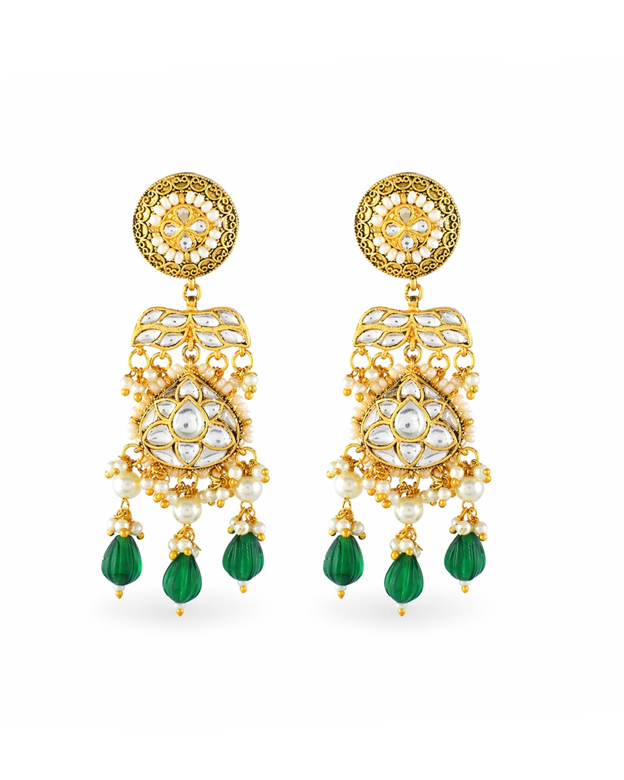 Vintage Gold-Plated Pachi Kundan Statement Pendant Necklace Set with Emerald Green Drops