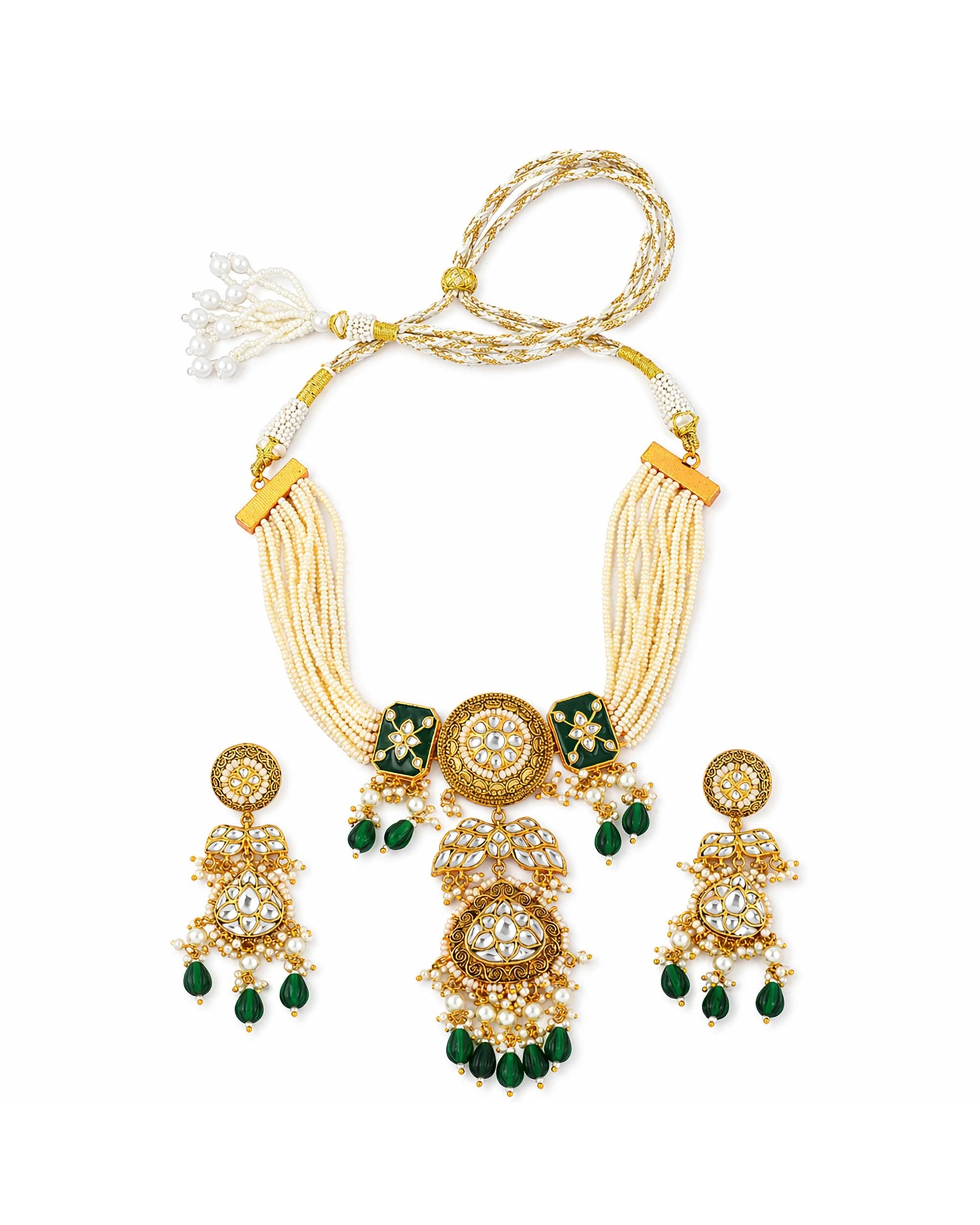 Vintage Gold-Plated Pachi Kundan Statement Pendant Necklace Set with Emerald Green Drops