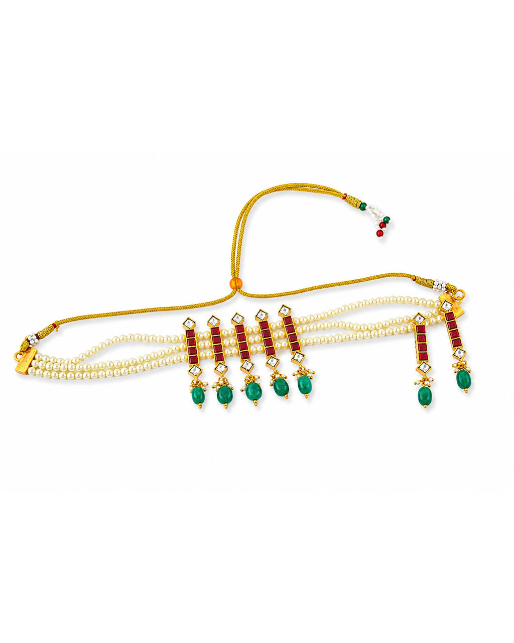 Minimalist Heritage Kundan Pearl Choker Necklace with Ruby Red & Emerald Accents