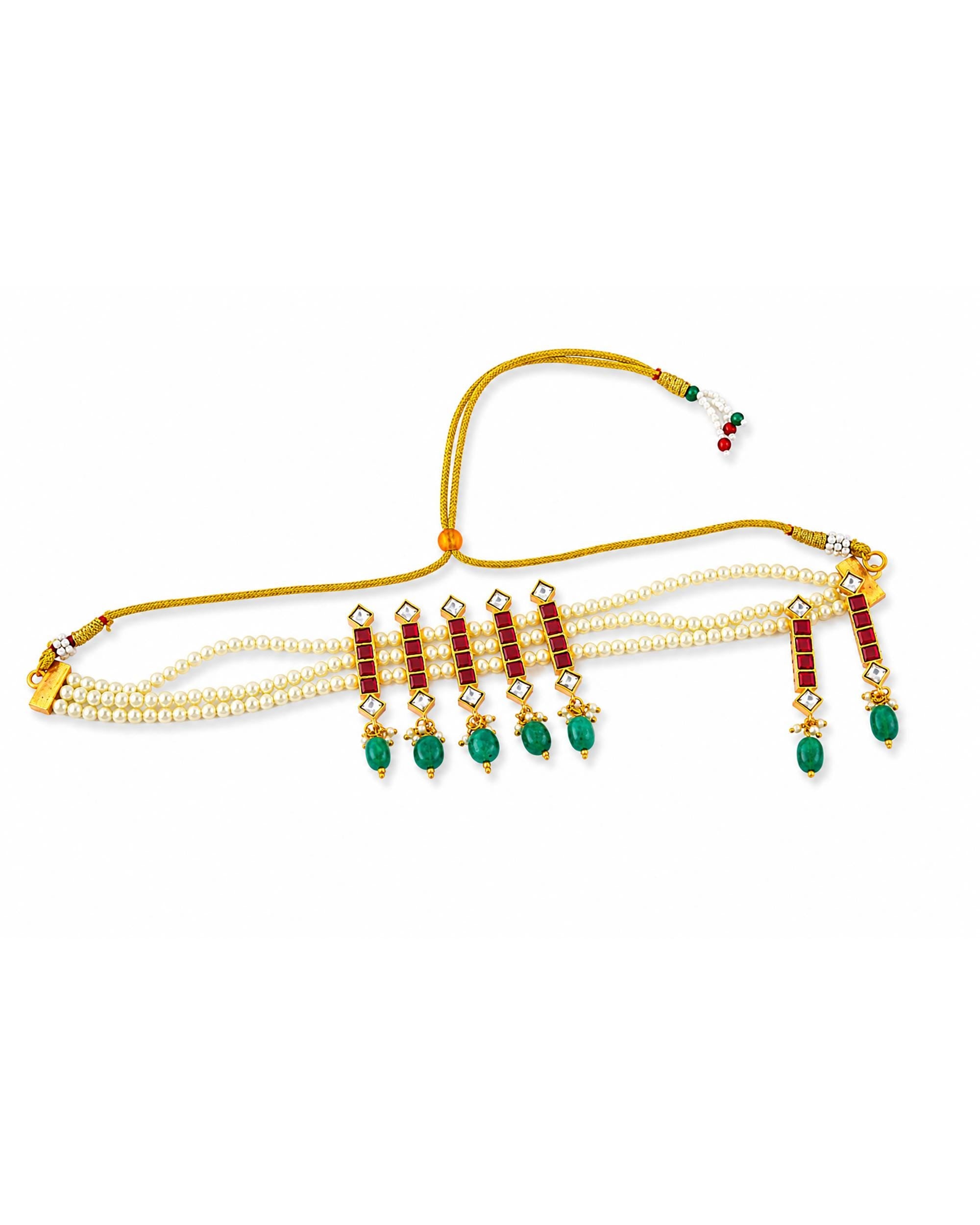 Minimalist Heritage Kundan Pearl Choker Necklace with Ruby Red & Emerald Accents