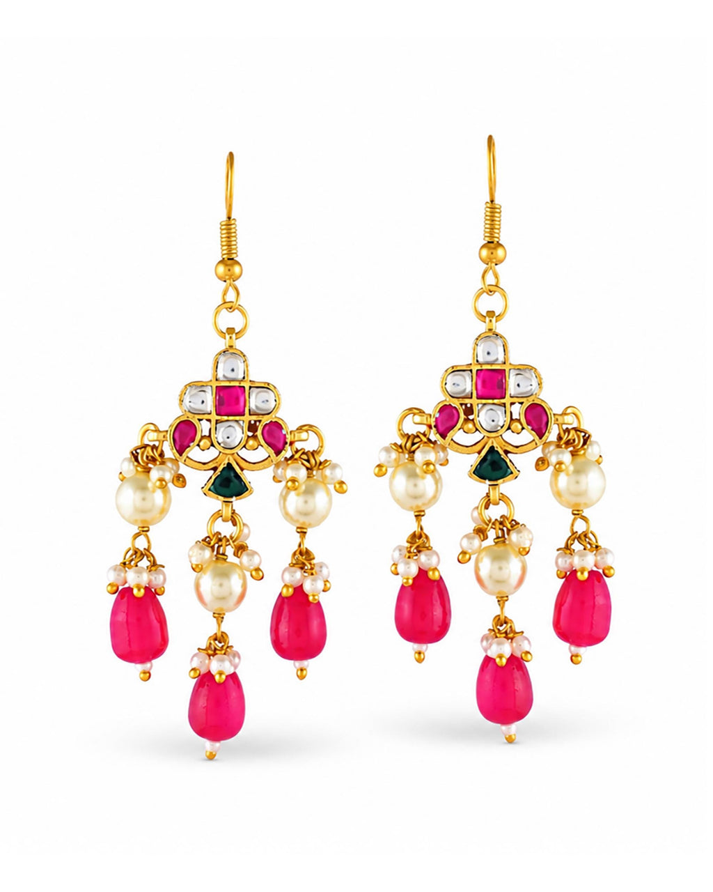 Royal Meenakari Kundan Festoon Necklace Set with Ruby Pink Drops