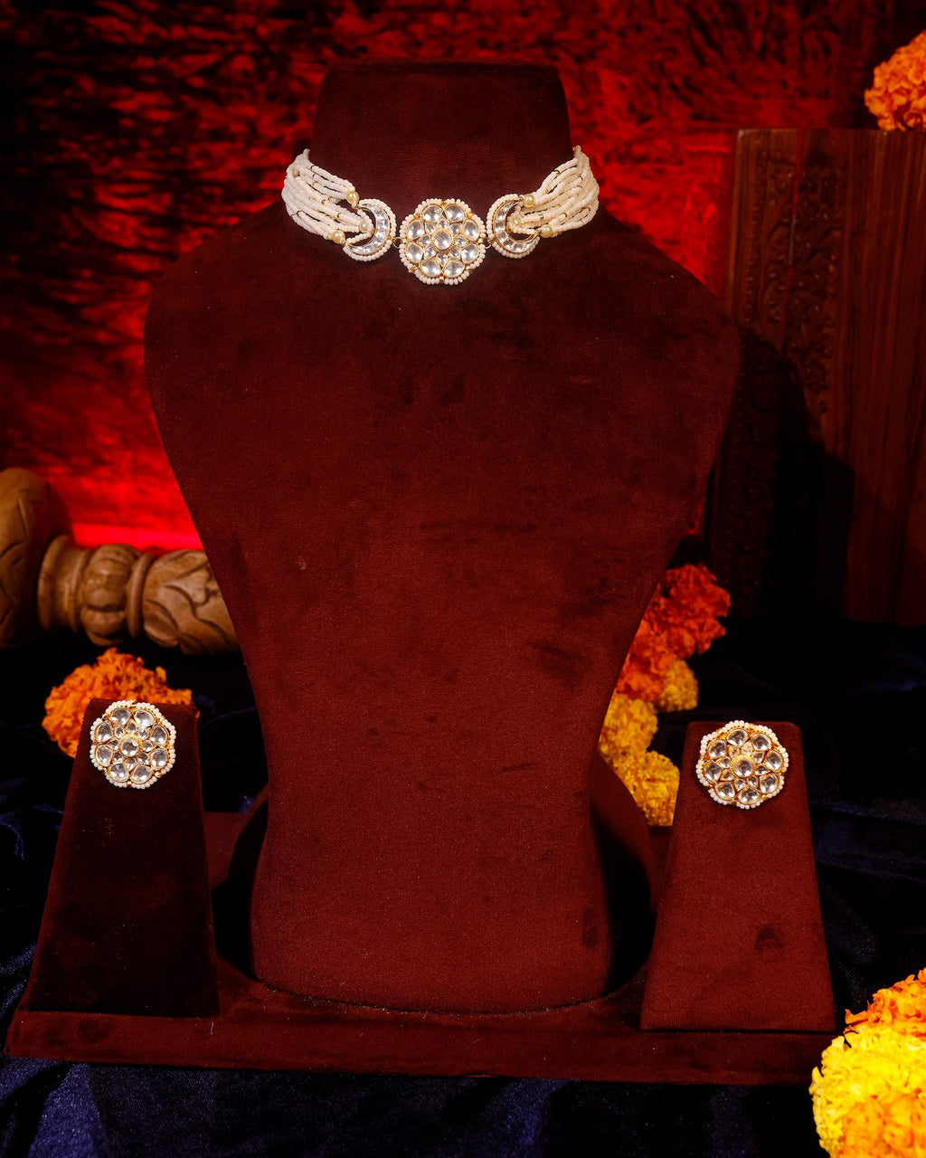 Elegant Minimalist Floral Kundan Choker Set with Multi-Strand Pearls