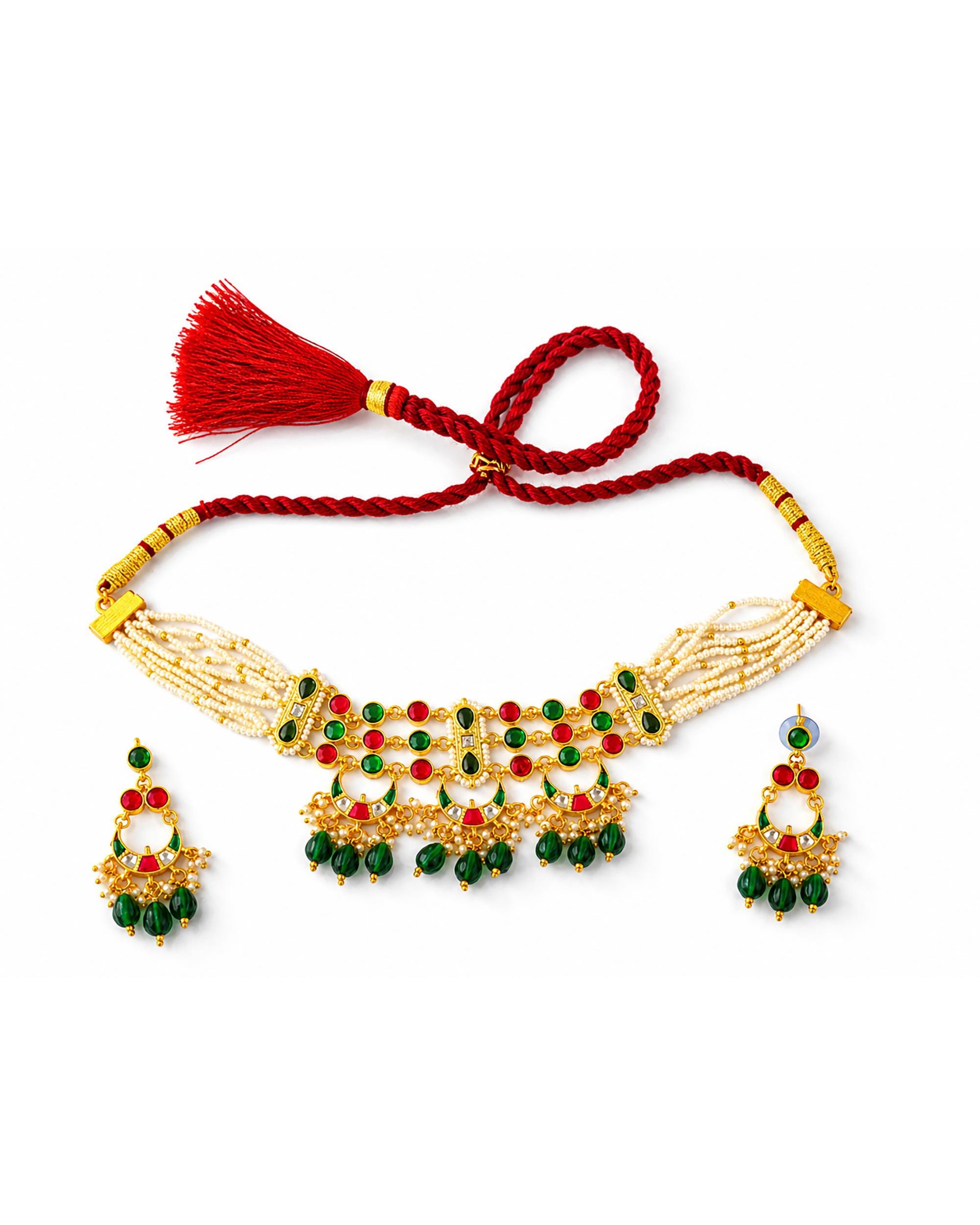 Royal Jaipuri Guttapusalu Choker Set with Ruby Red & Emerald Green Accents