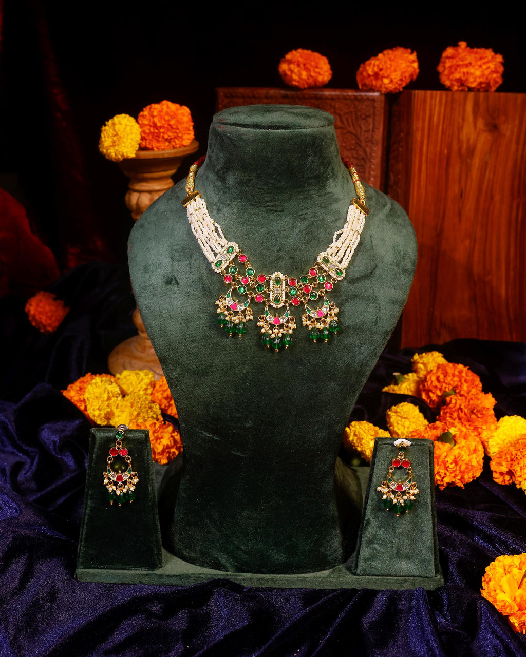 Royal Jaipuri Guttapusalu Choker Set with Ruby Red & Emerald Green Accents