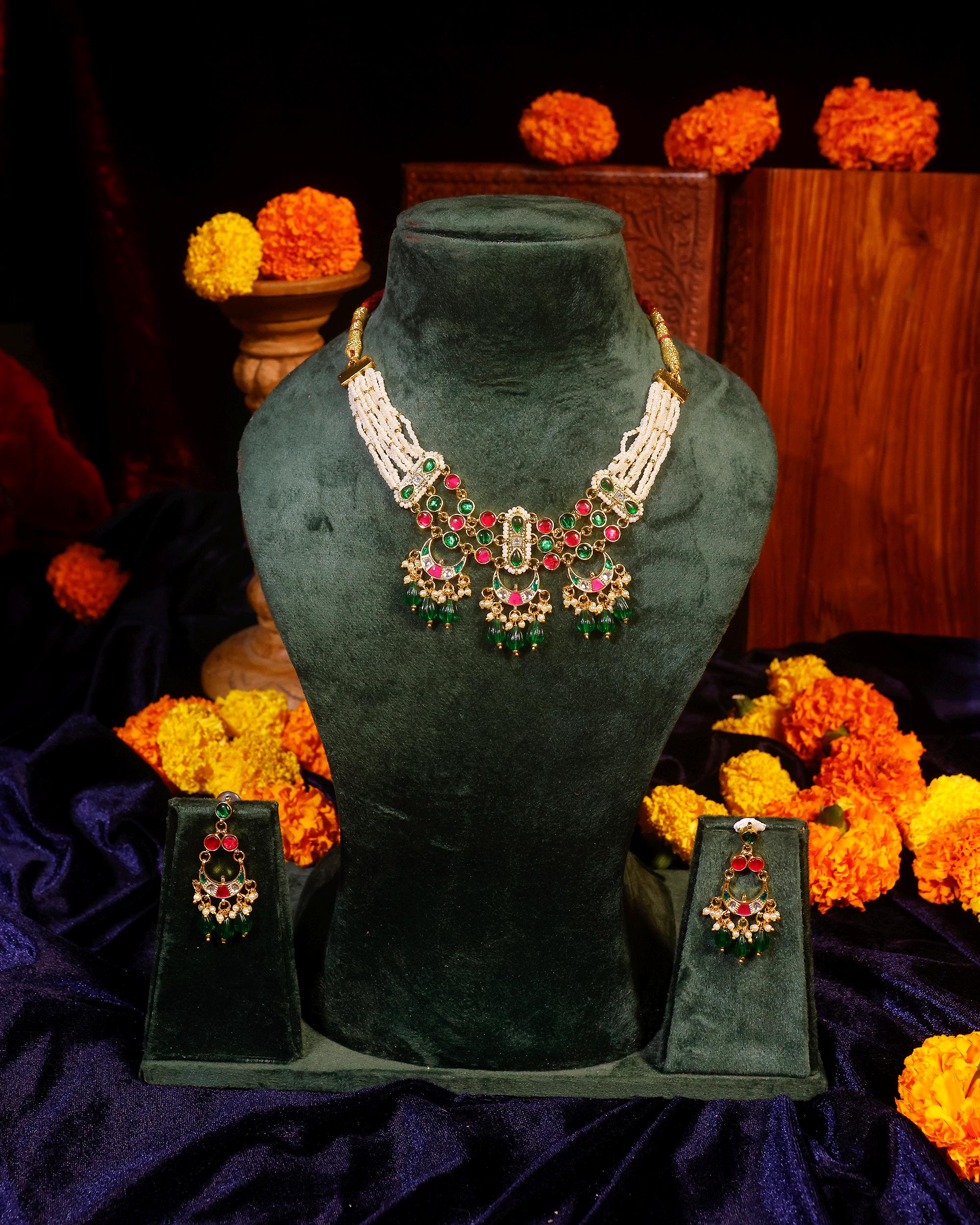 Royal Jaipuri Guttapusalu Choker Set with Ruby Red & Emerald Green Accents