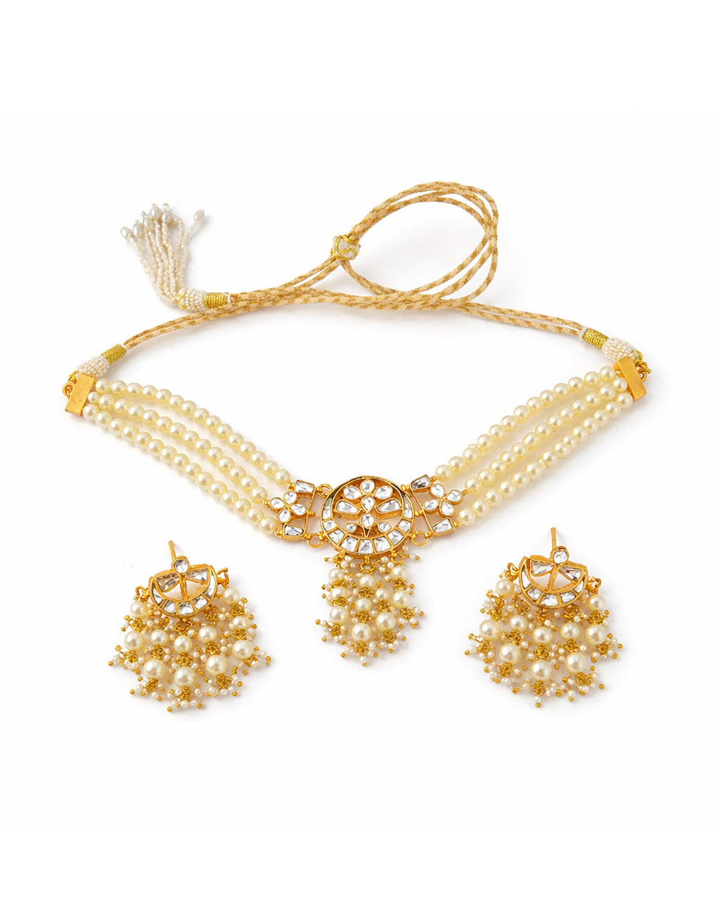 Minimalist Gold-Plated Kundan Choker Necklace Set with Cascading Pearl Clusters