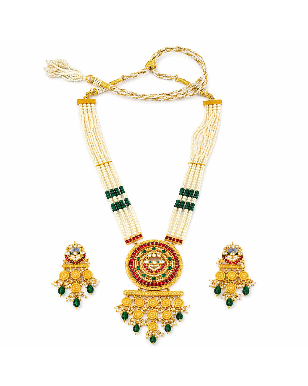 Royal Meenakari Rani Haar Statement Pendant Necklace Set with Emerald & Ruby Accents