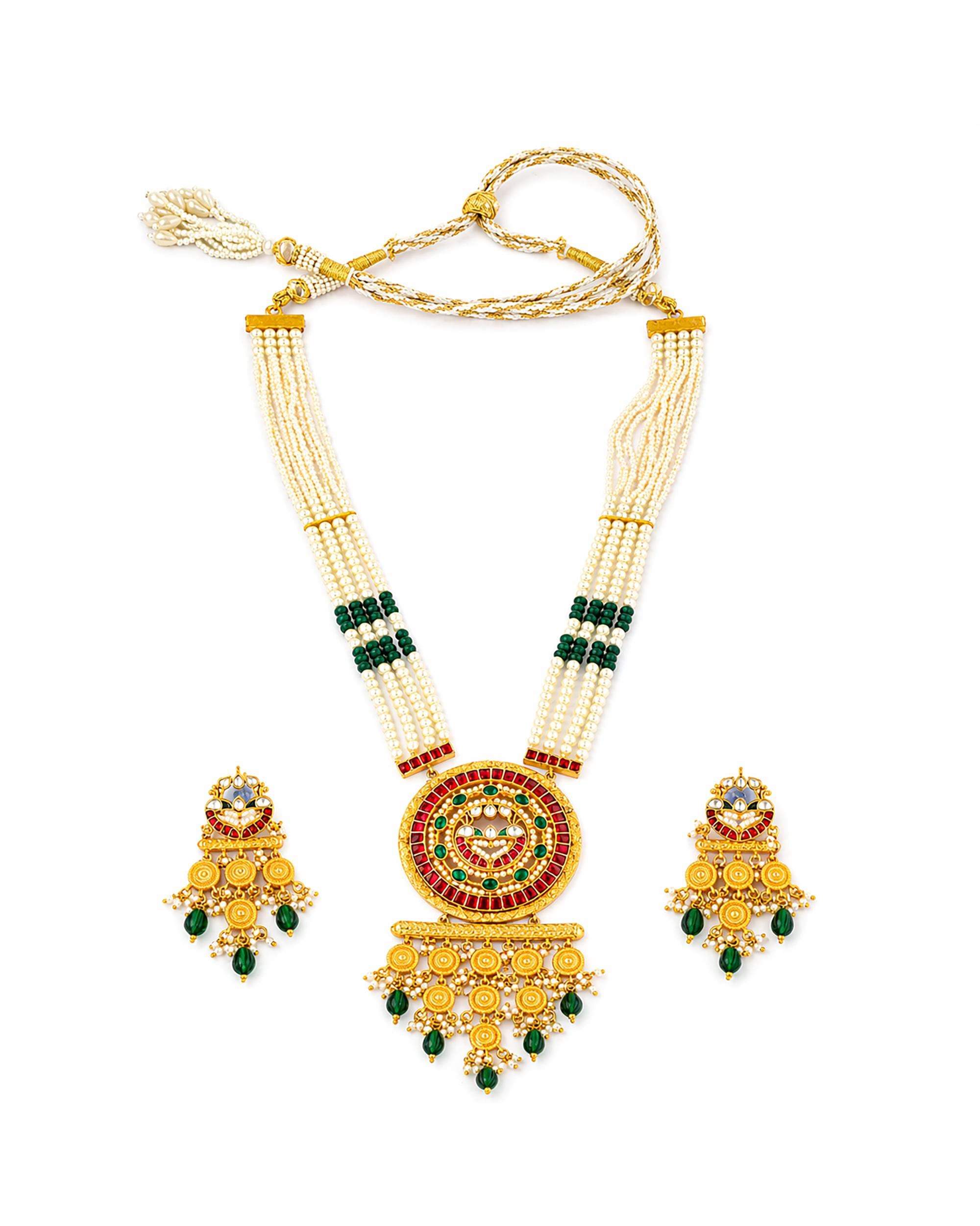 Royal Meenakari Rani Haar Statement Pendant Necklace Set with Emerald & Ruby Accents