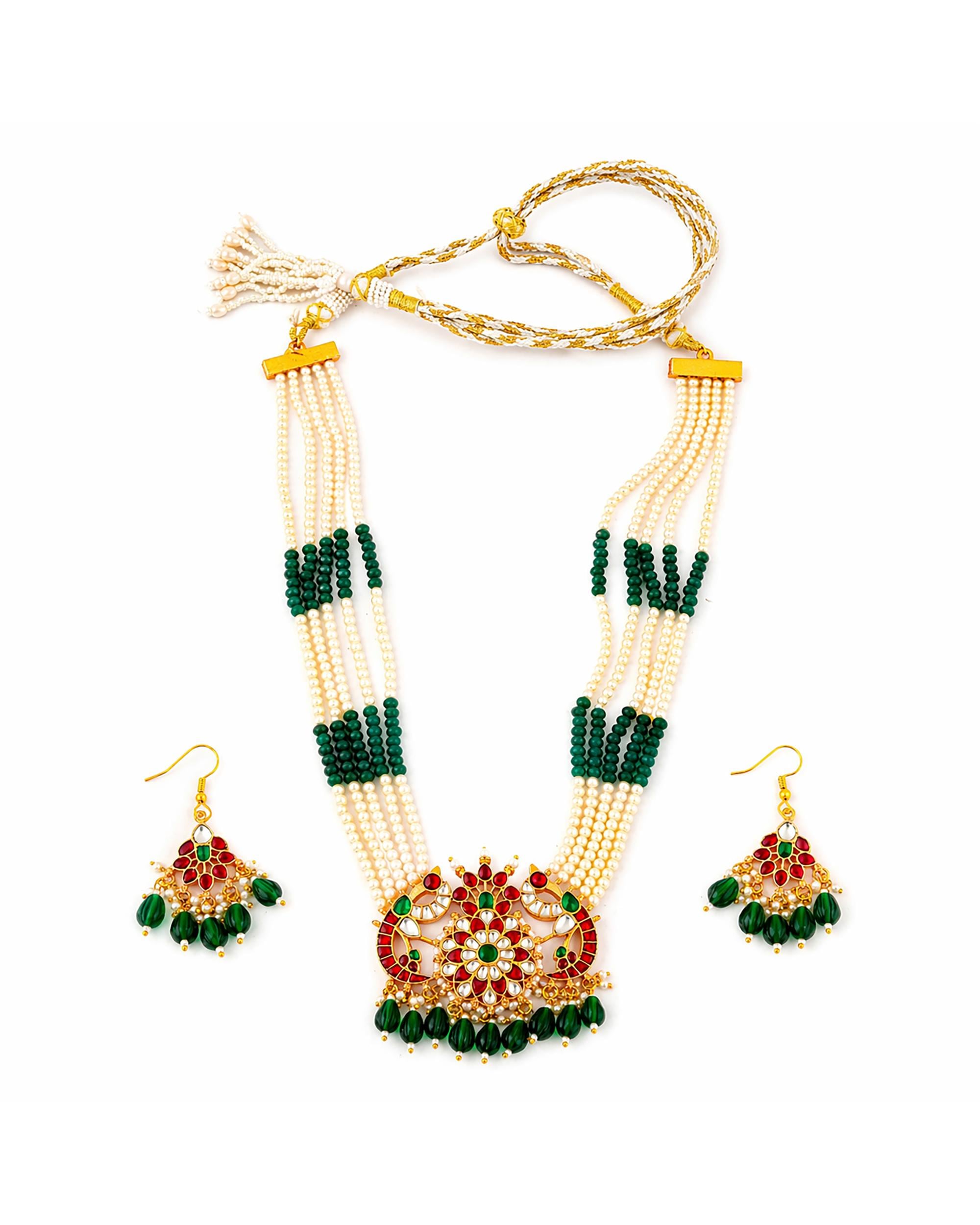 Heritage Meenakari Peacock Rani Haar Statement Pendant Necklace Set with Emerald & Ruby Accents