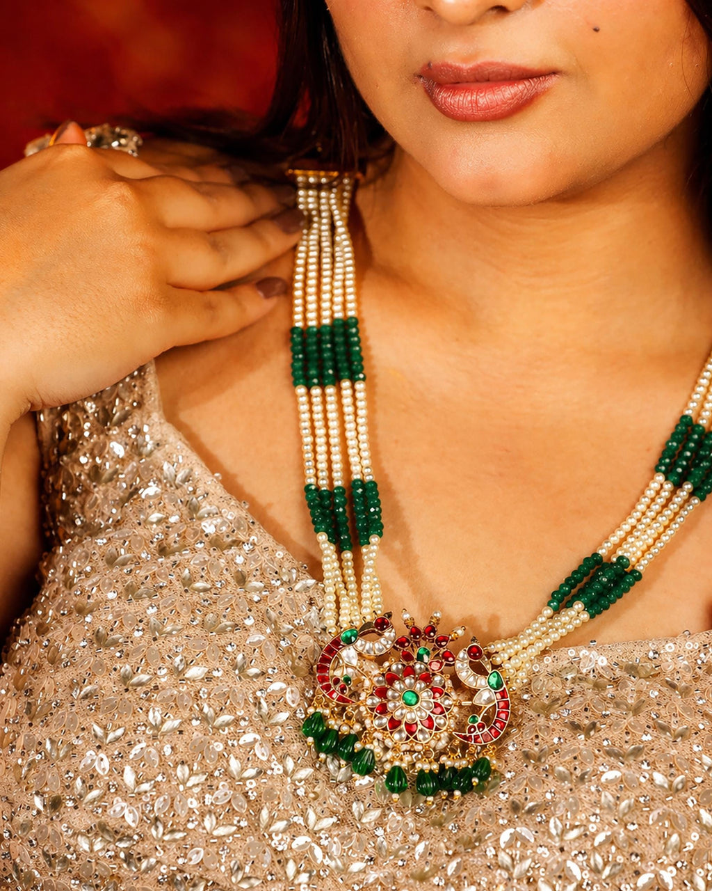 Heritage Meenakari Peacock Rani Haar Statement Pendant Necklace Set with Emerald & Ruby Accents