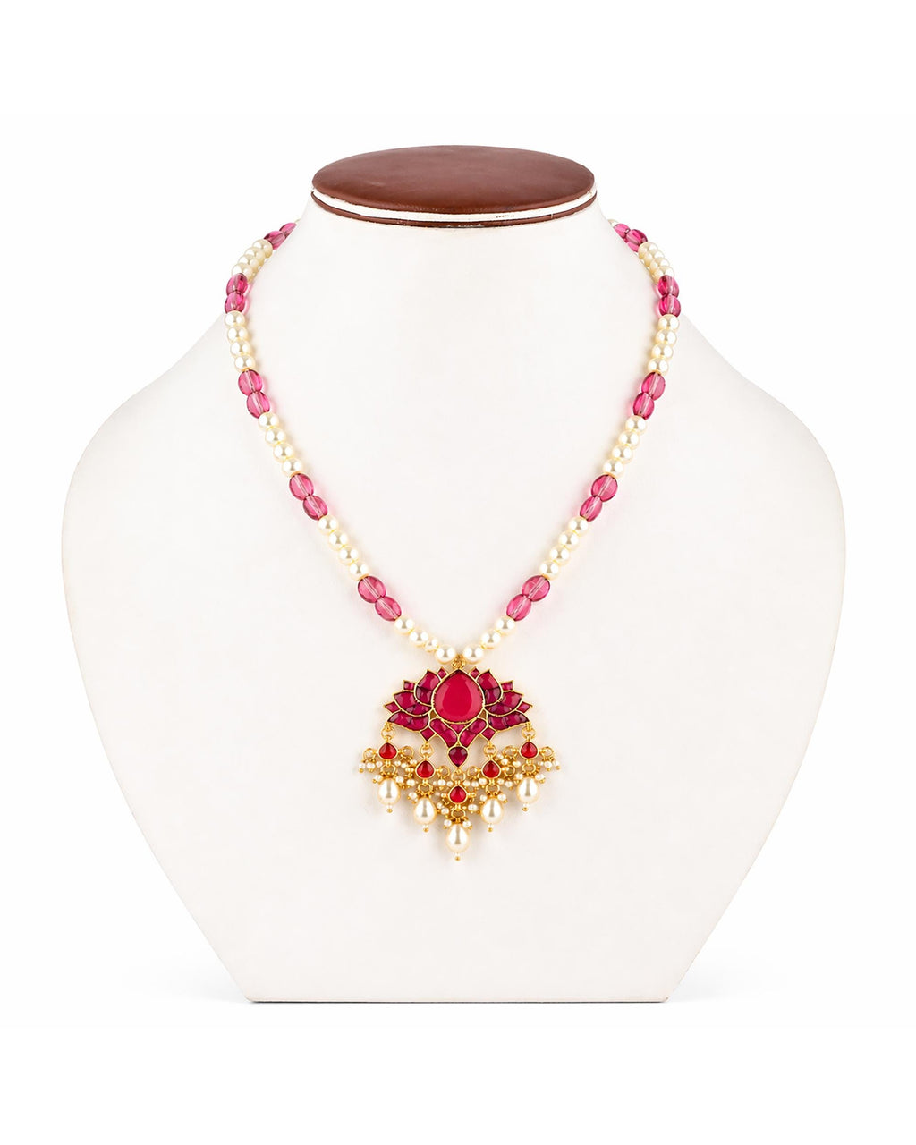 Heritage Kamal (Lotus) Jadau Pendant Necklace with Pink Monalisa Beads