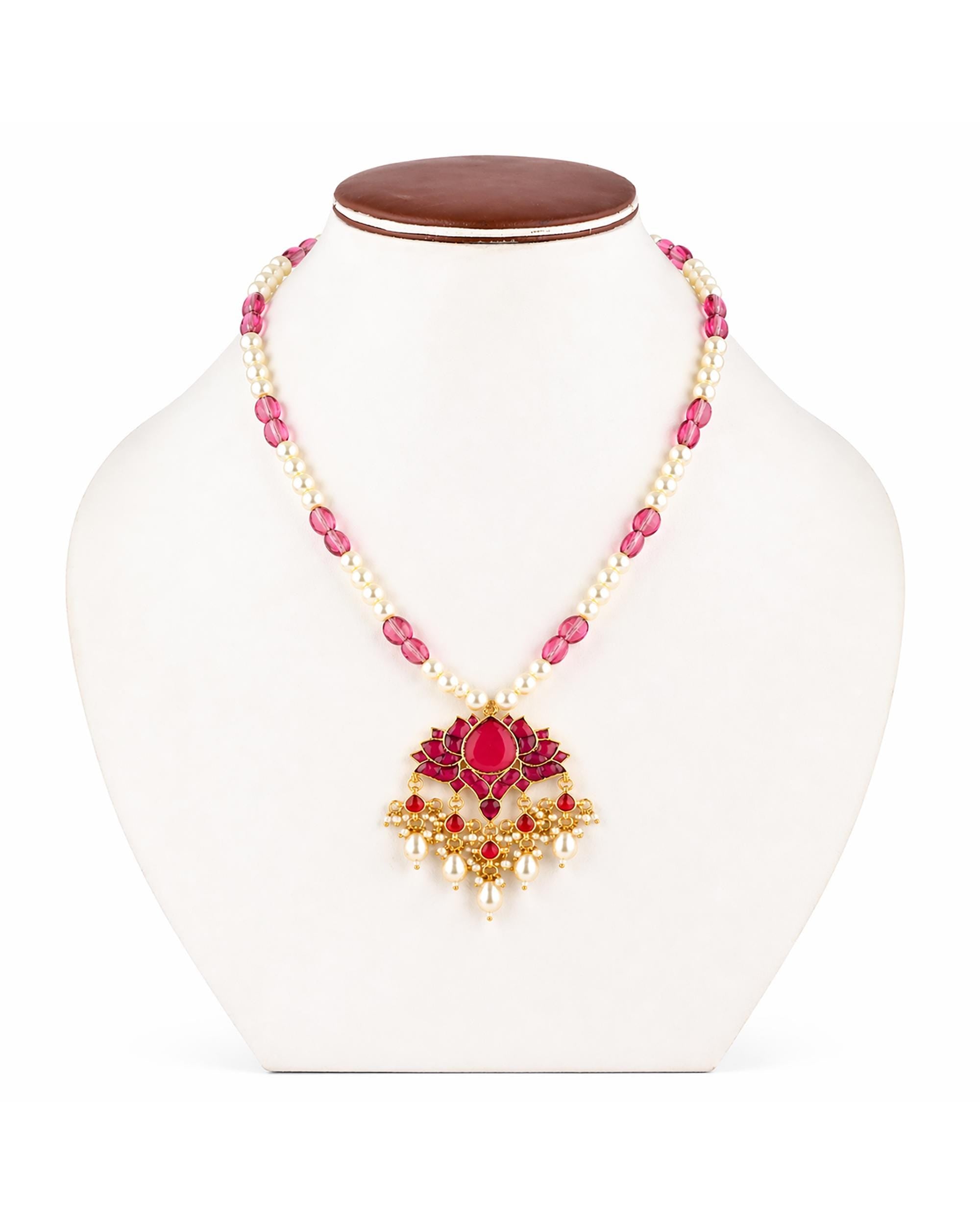 Heritage Kamal (Lotus) Jadau Pendant Necklace with Pink Monalisa Beads