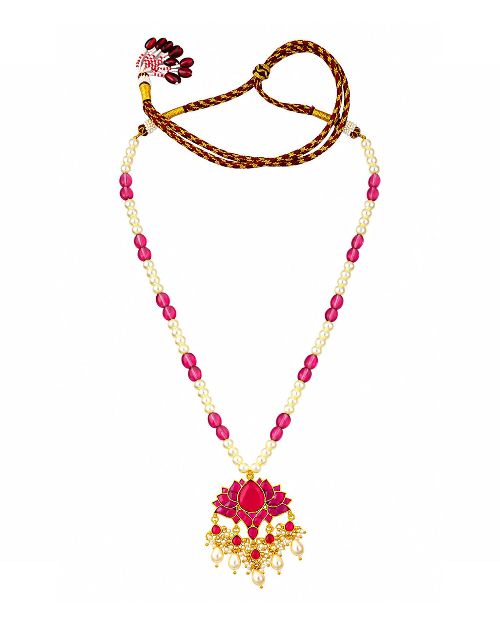 Heritage Kamal (Lotus) Jadau Pendant Necklace with Pink Monalisa Beads