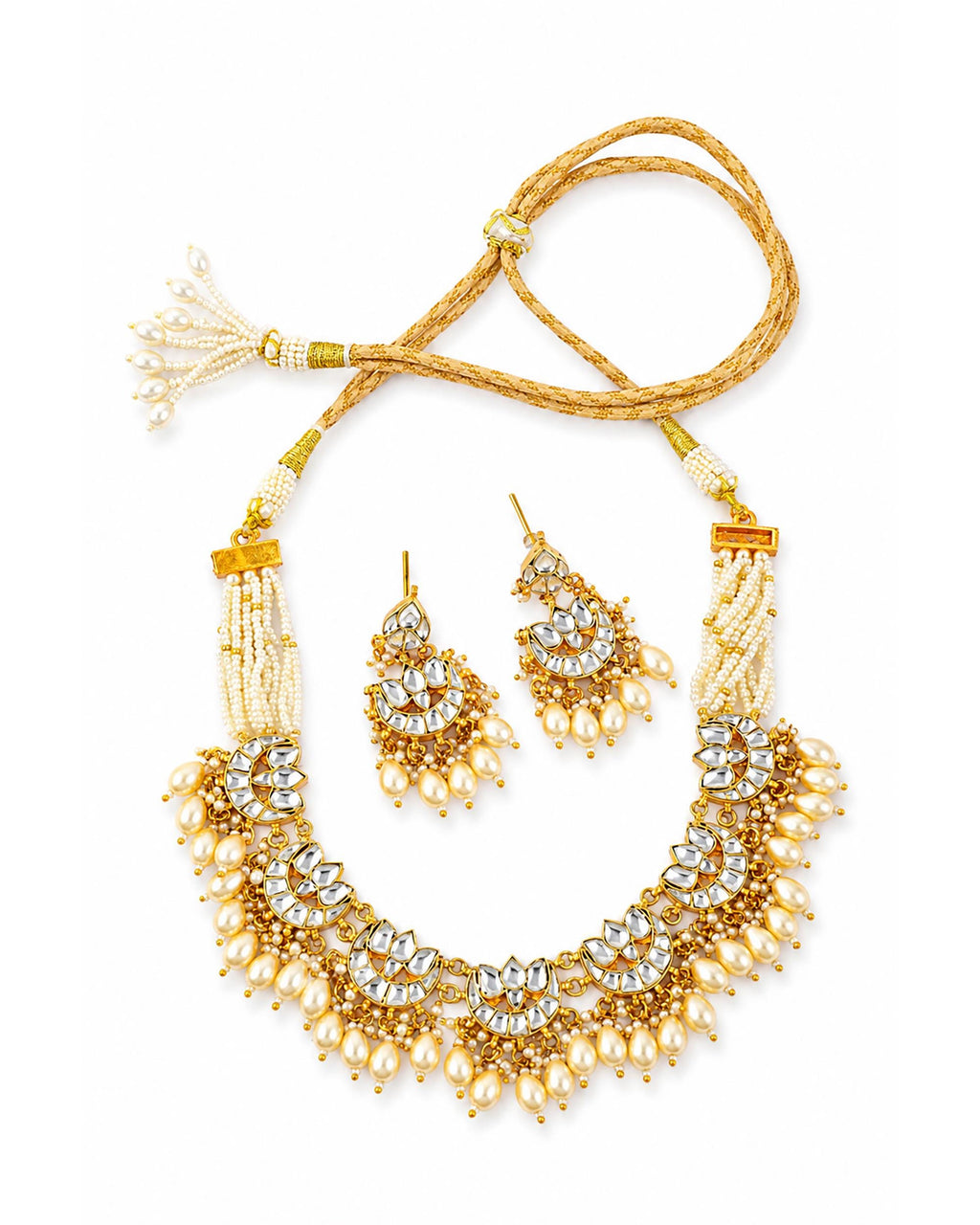 Antique Gold-Plated Pachi Kundan Crescent Choker Set with Rich Pearl Fringes