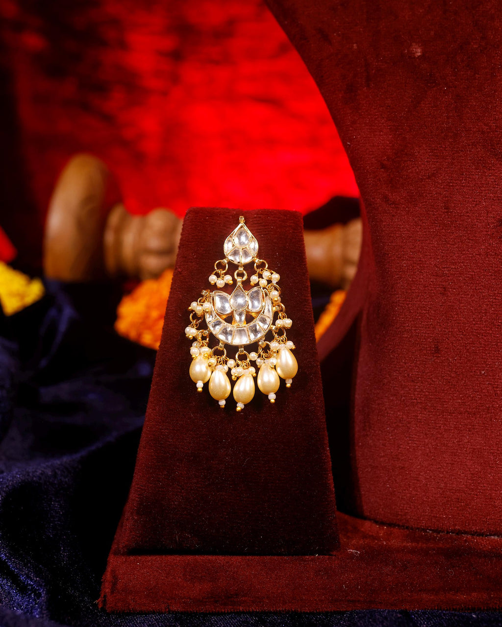 Antique Gold-Plated Pachi Kundan Crescent Choker Set with Rich Pearl Fringes