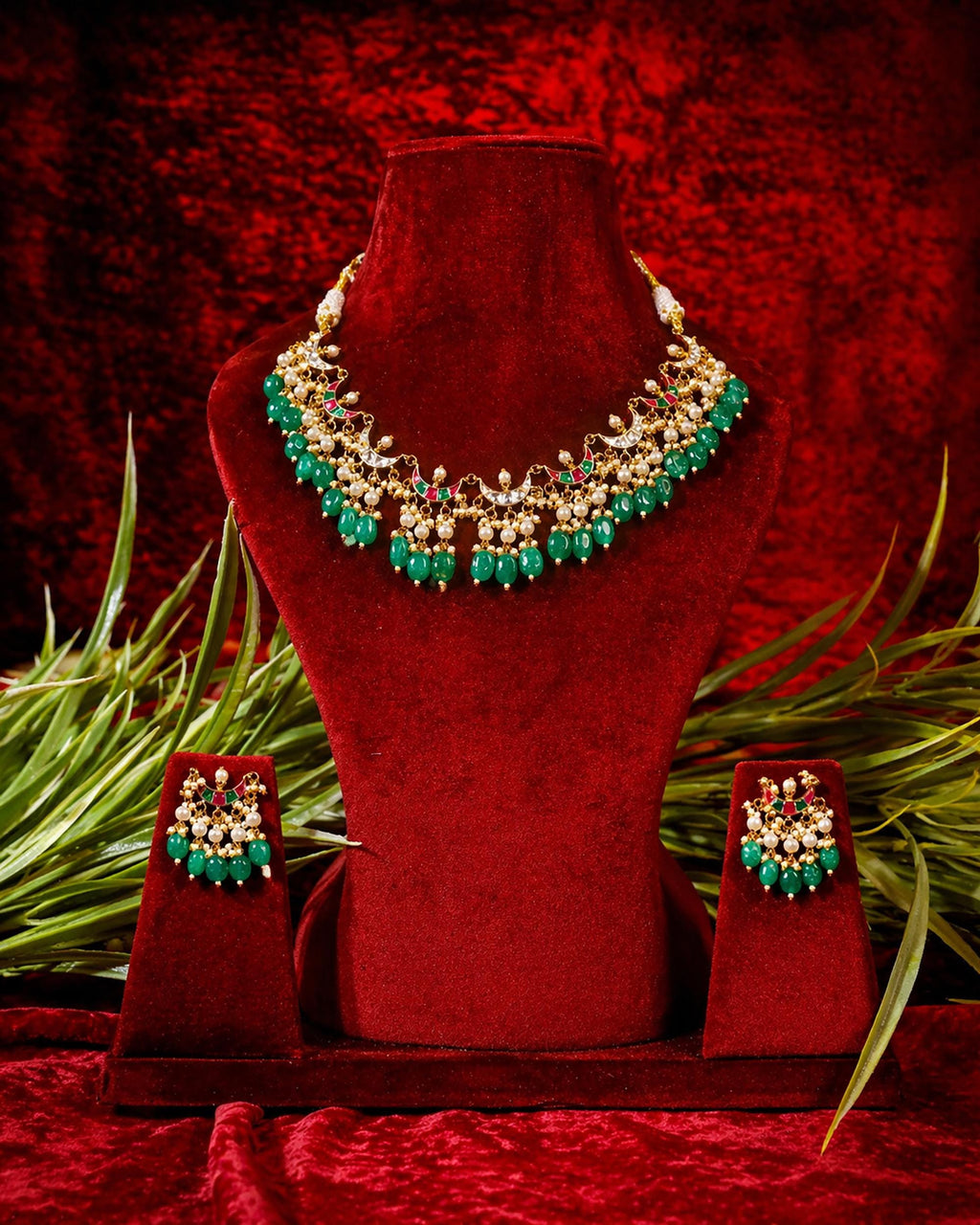 Royal Jaipuri Chandbali Choker Set with Emerald Green & Pearl Clusters