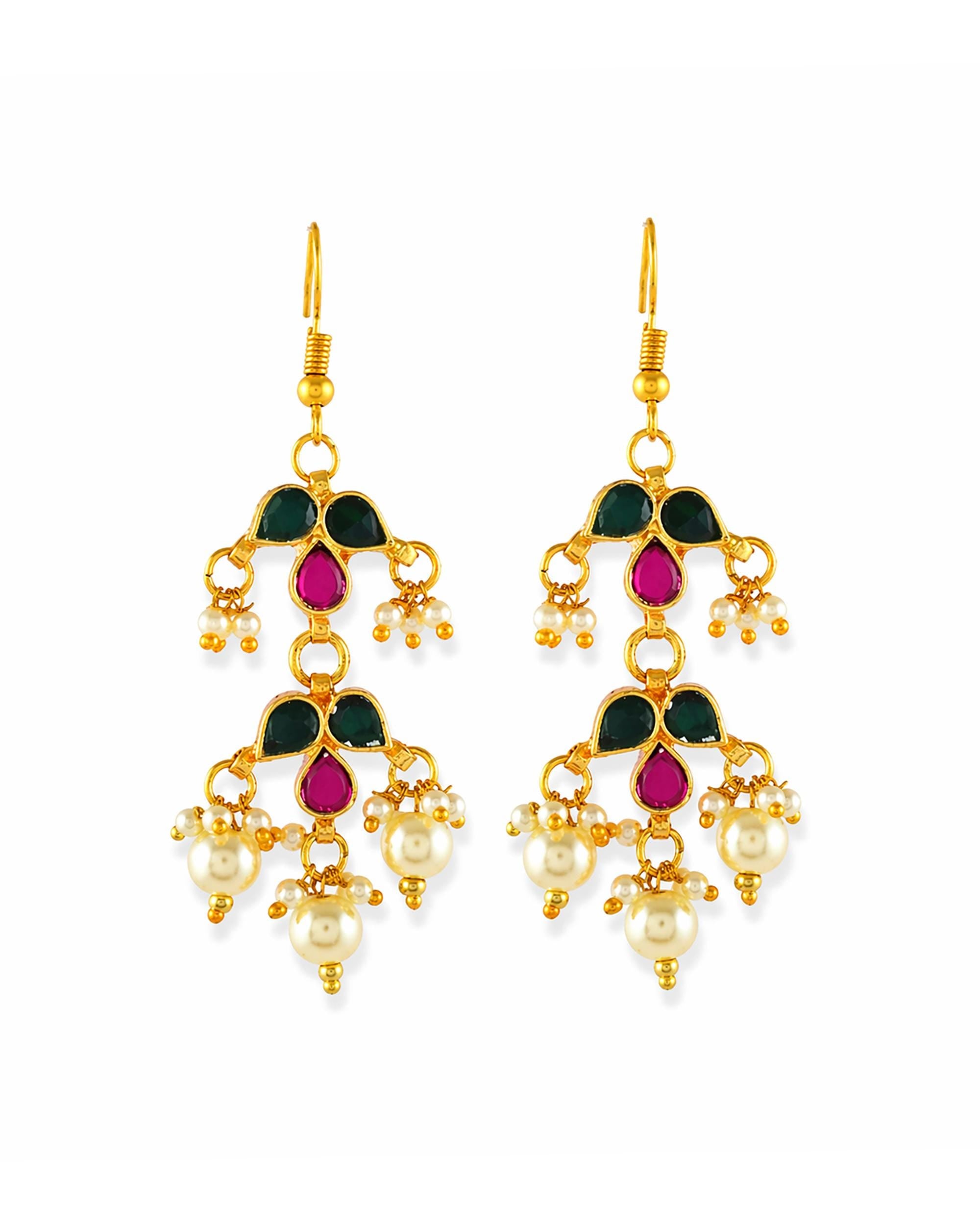 Elegant Handcrafted Meenakari Leaf Festoon Necklace Set with Pearl Clusters