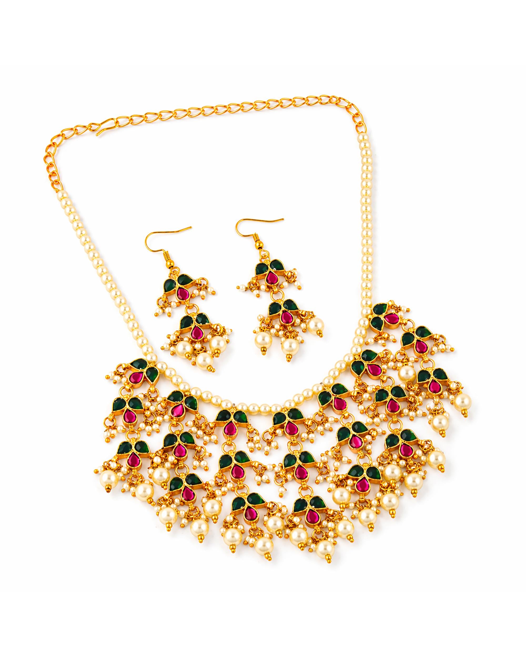 Elegant Handcrafted Meenakari Leaf Festoon Necklace Set with Pearl Clusters