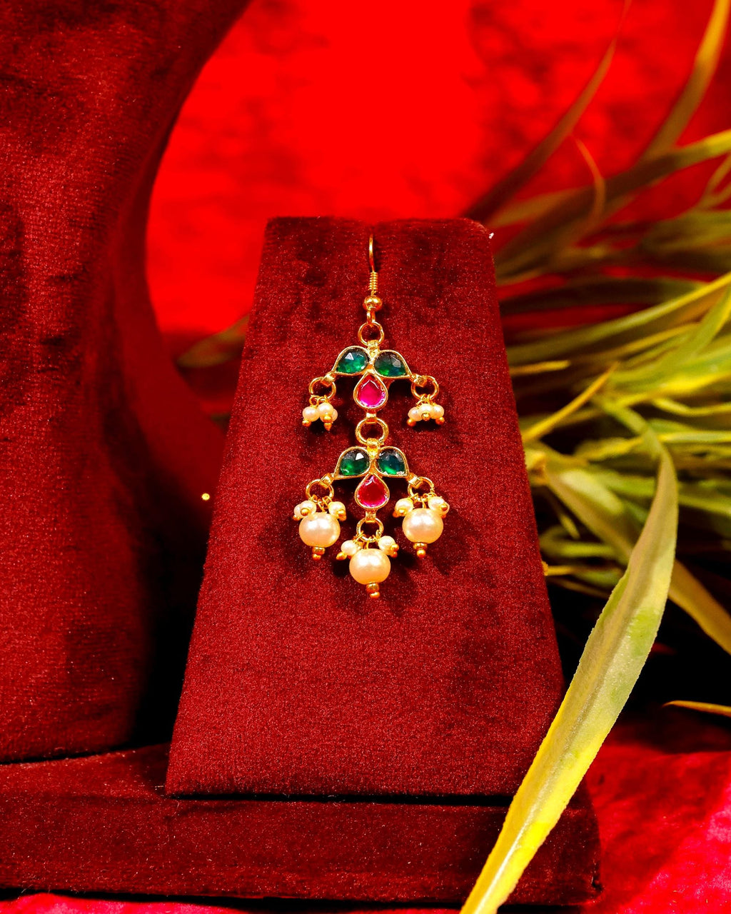 Elegant Handcrafted Meenakari Leaf Festoon Necklace Set with Pearl Clusters