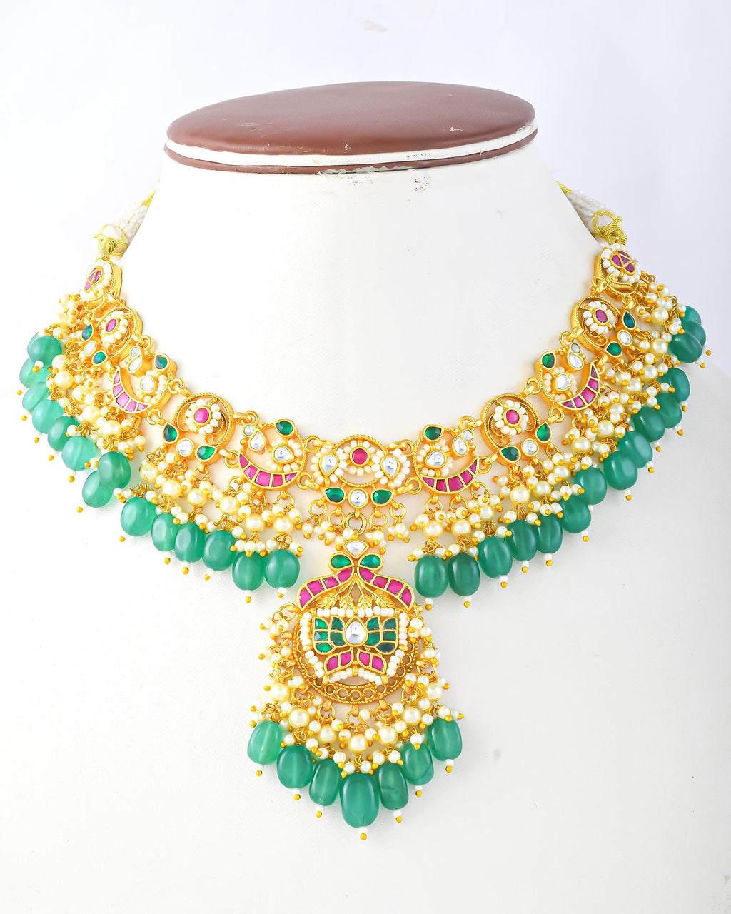 Royal Jadau Kundan Statement Choker Set with Emerald Green Drops & Floral Pendant