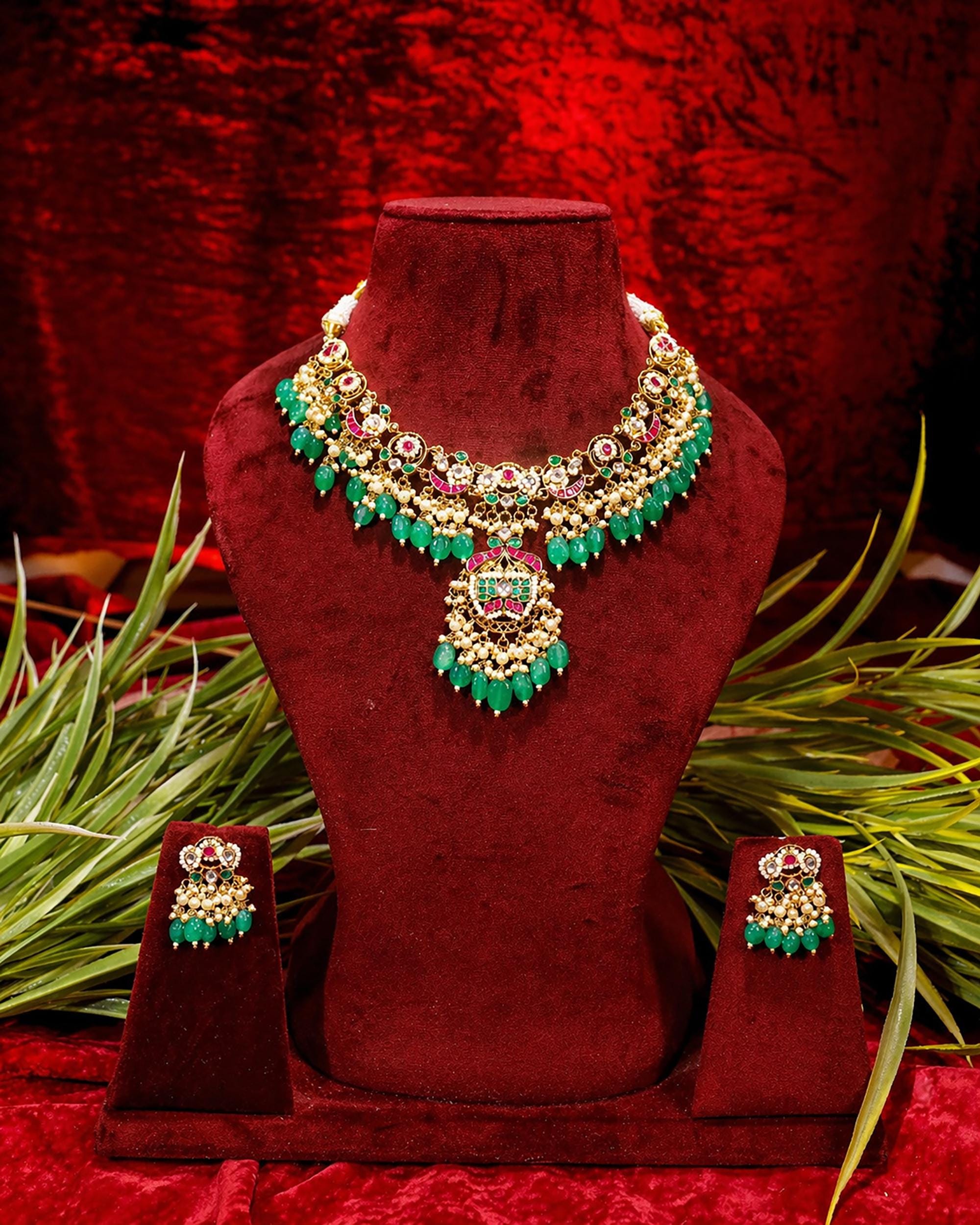 Royal Jadau Kundan Statement Choker Set with Emerald Green Drops & Floral Pendant