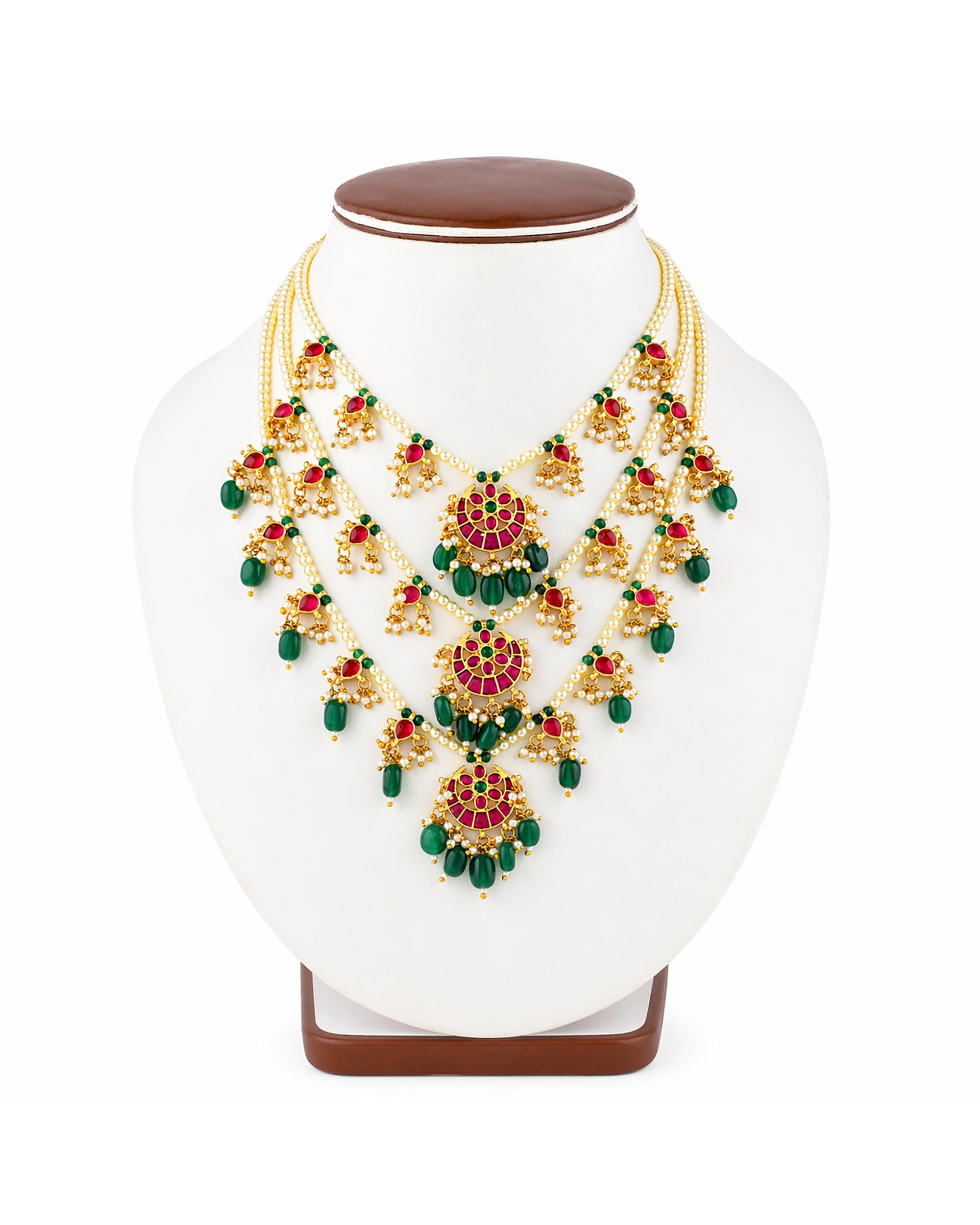Heritage Tiered Festive Haar Set with Rich Ruby Pink & Emerald Green Accents