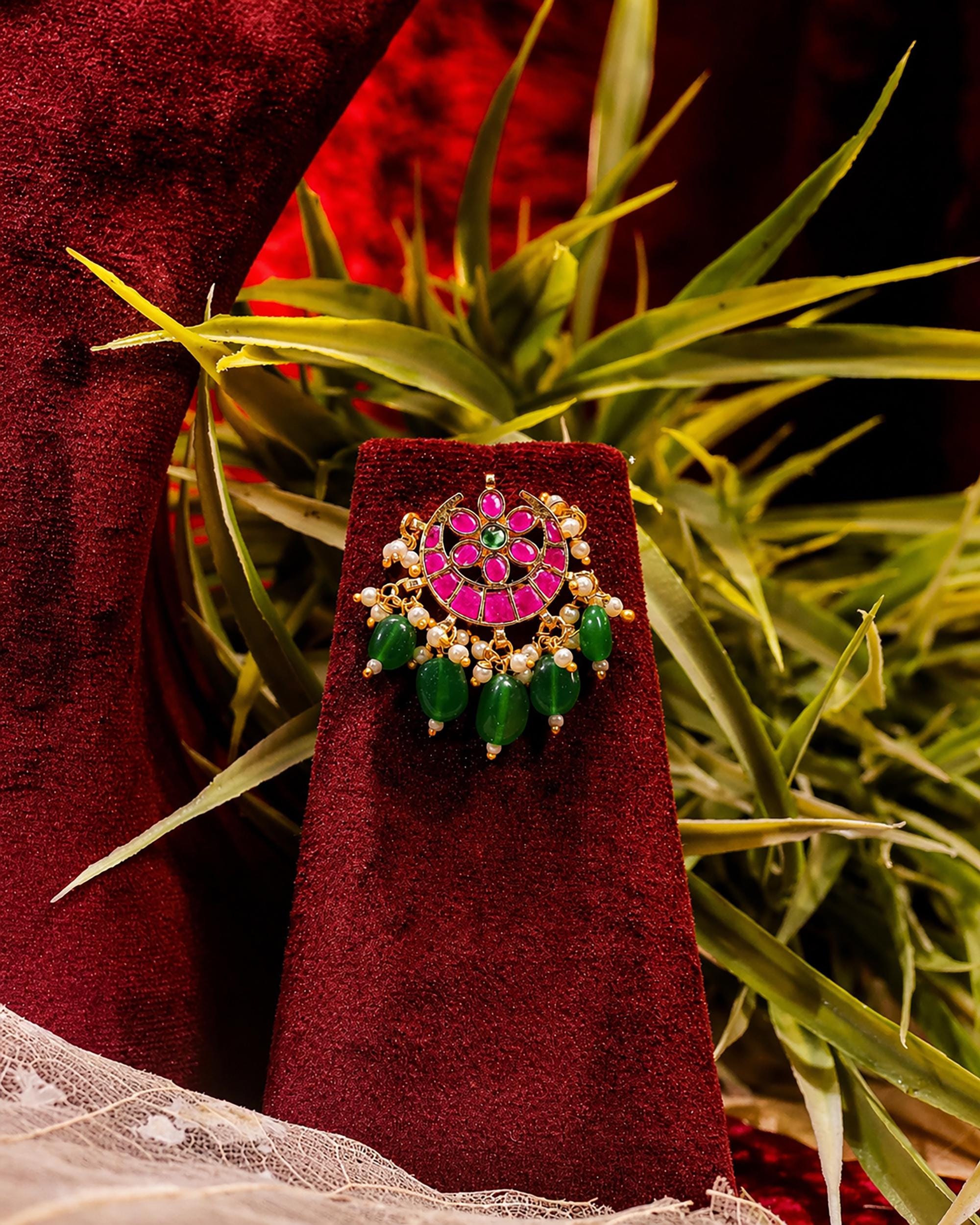 Heritage Tiered Festive Haar Set with Rich Ruby Pink & Emerald Green Accents