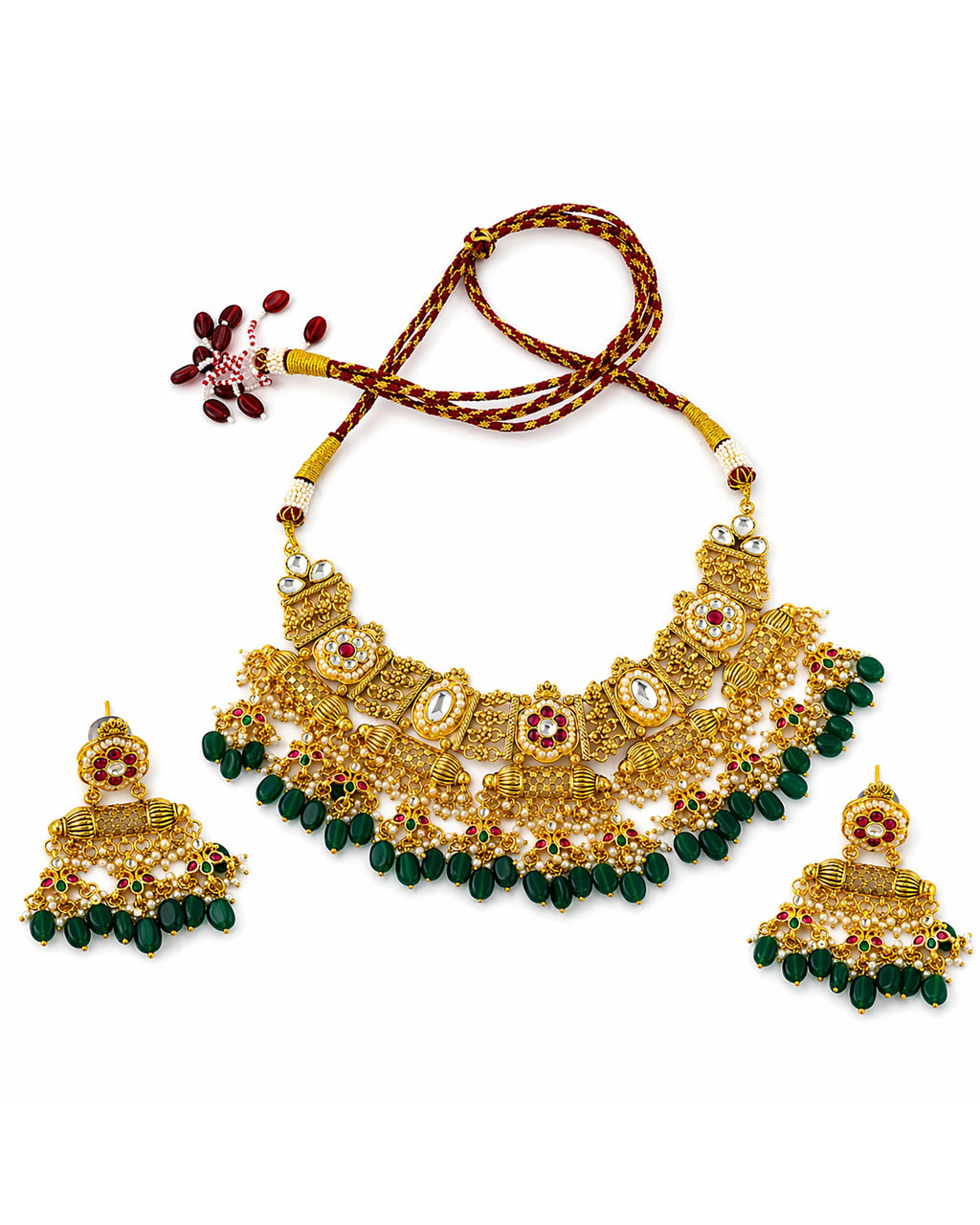 Royal Pachi Kundan Crescent Choker Set with Cascading Emerald Green Drops