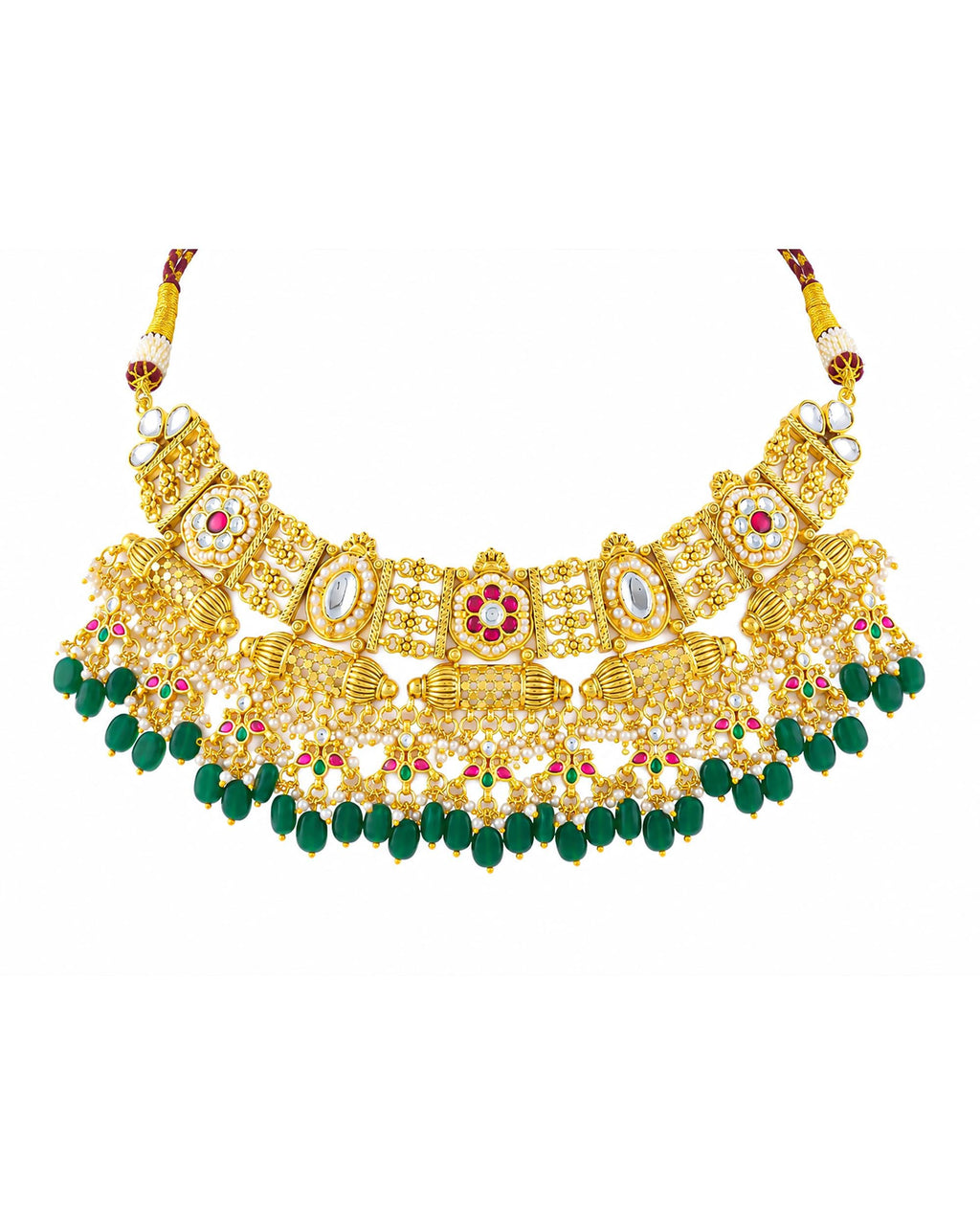 Royal Pachi Kundan Crescent Choker Set with Cascading Emerald Green Drops