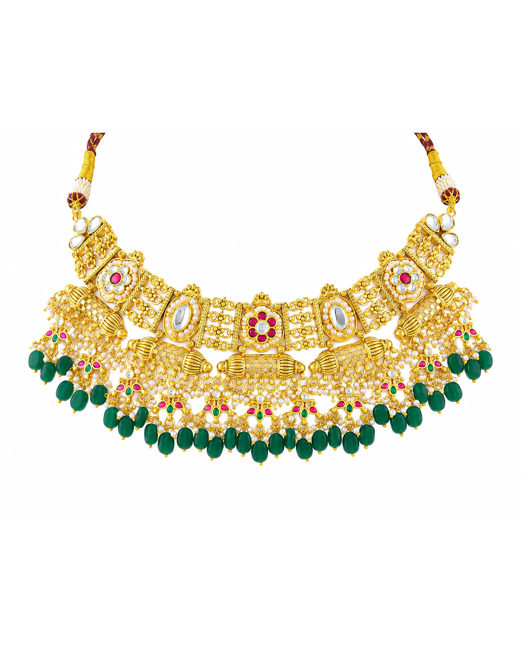 Royal Pachi Kundan Crescent Choker Set with Cascading Emerald Green Drops