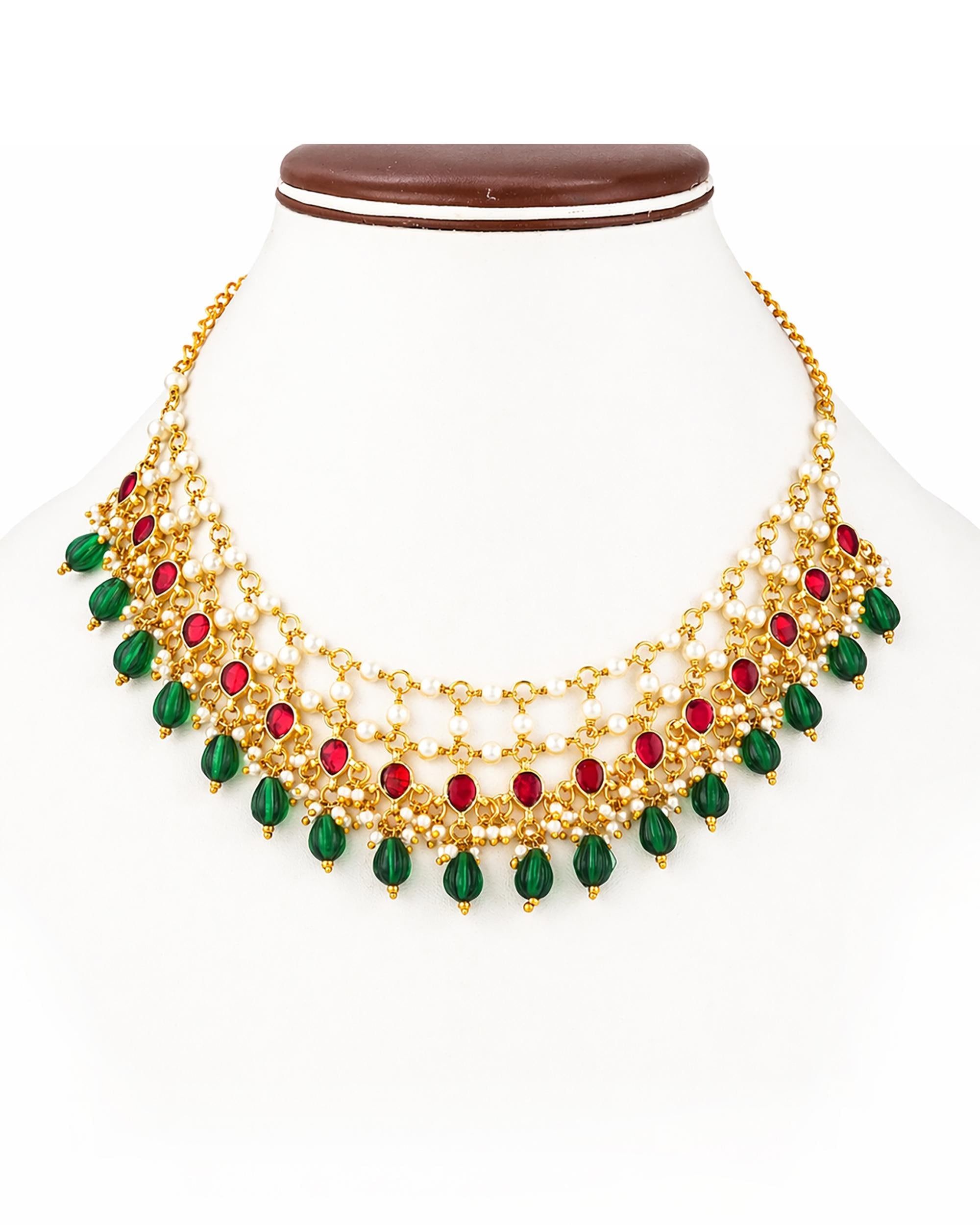 Grand Traditional Kundan Crescent Choker Set with Rich Emerald Green Fringes