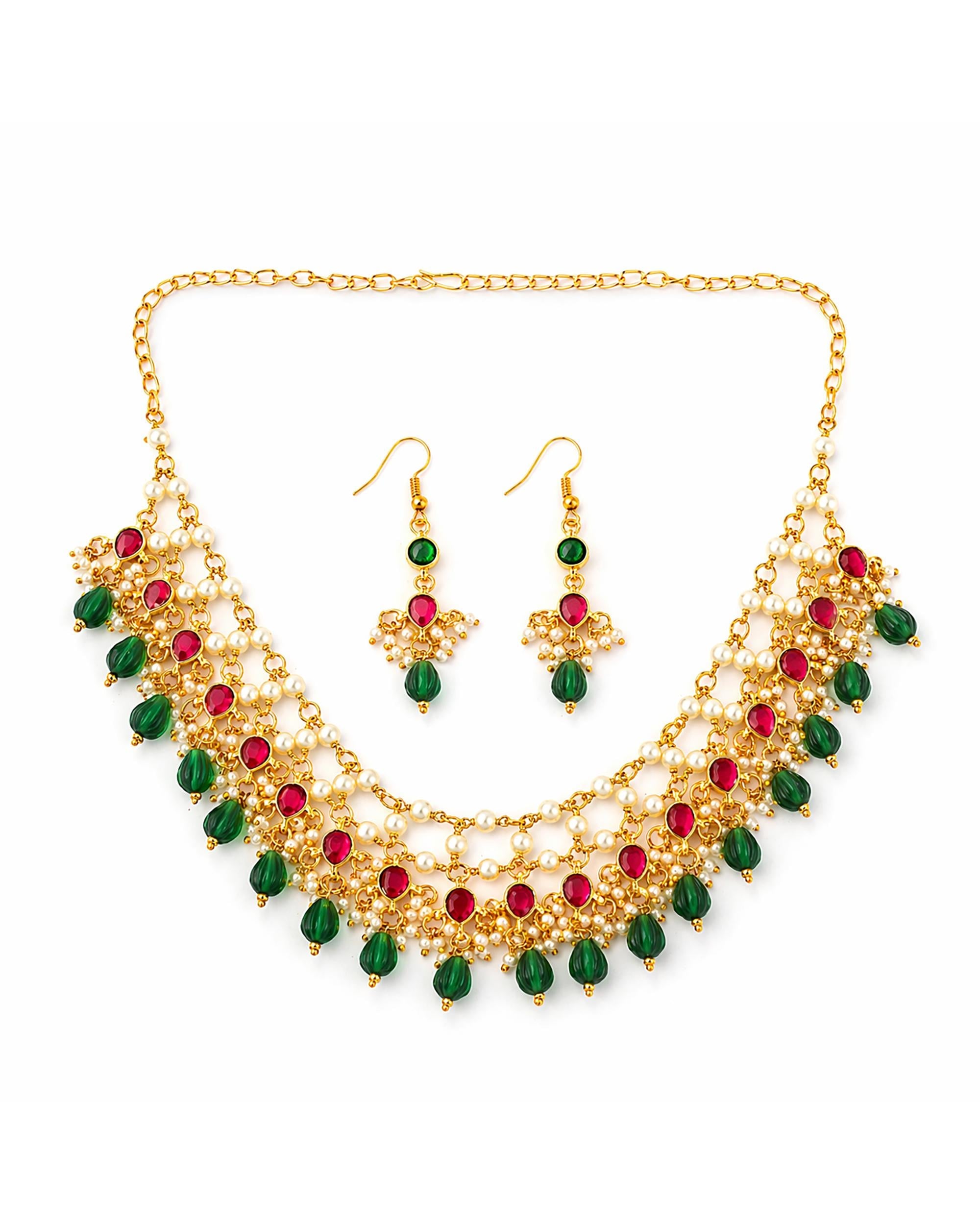 Grand Traditional Kundan Crescent Choker Set with Rich Emerald Green Fringes