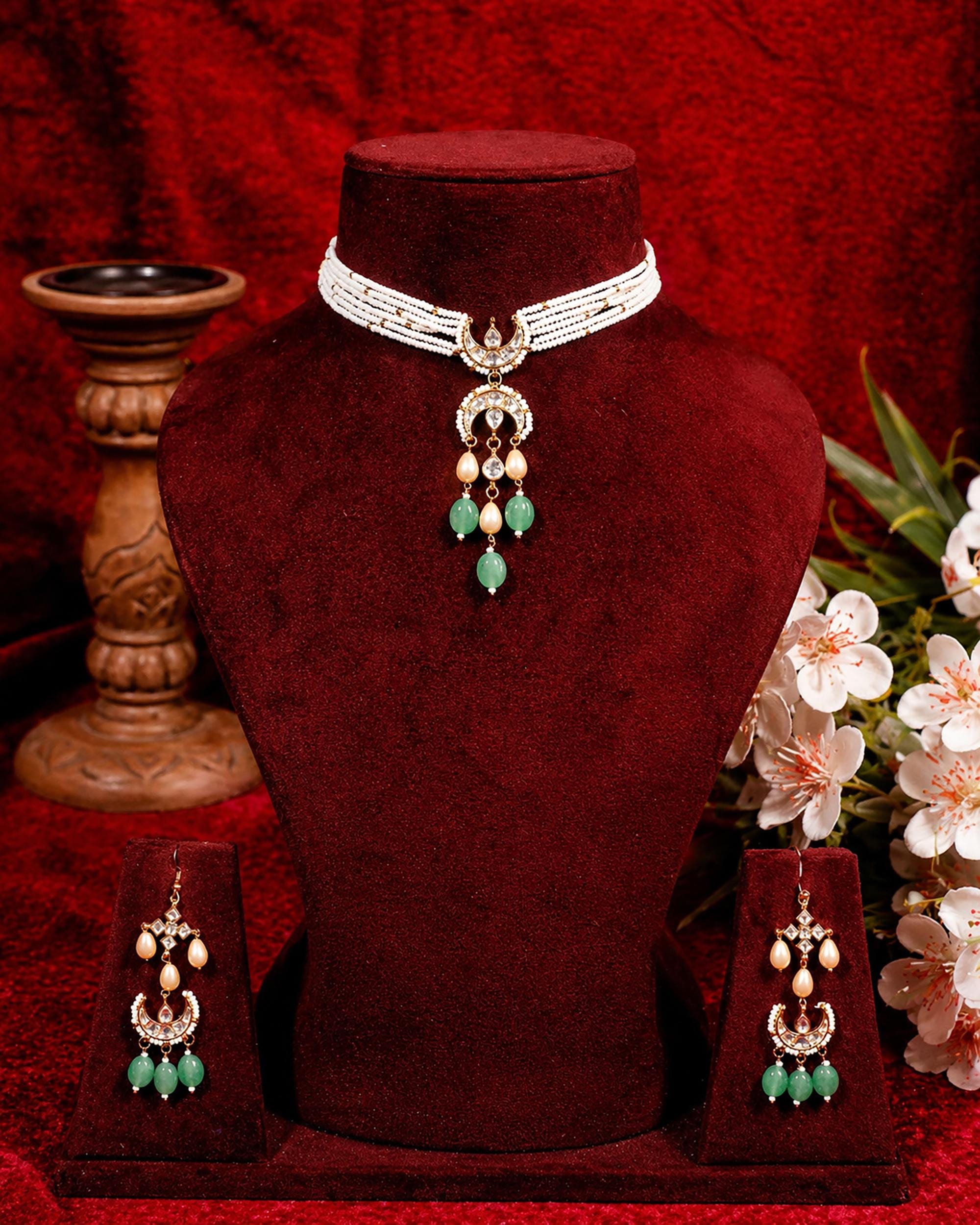 Royal Mint Green & Ruby Pink Kundan Choker Set with Meenakari Detailing