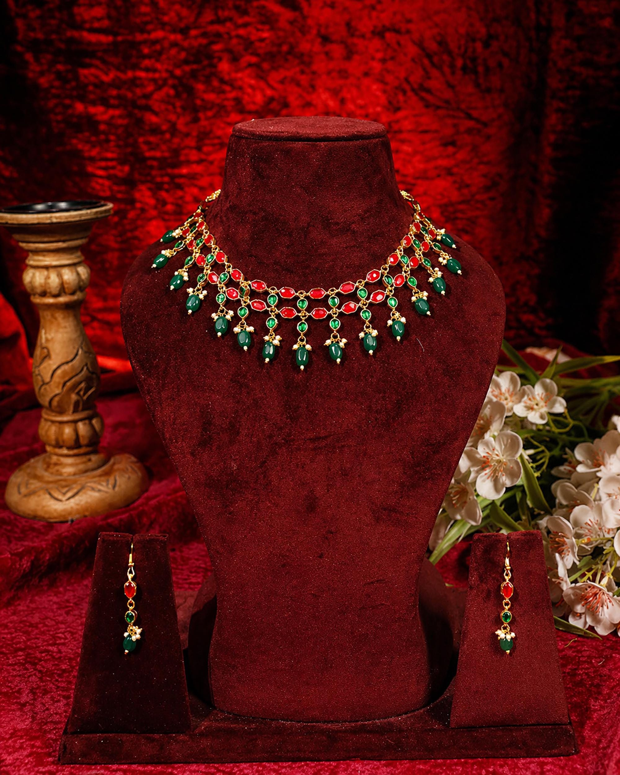 Delicate Handcrafted Chandbali Pearl Choker Set with Mint Green Drops
