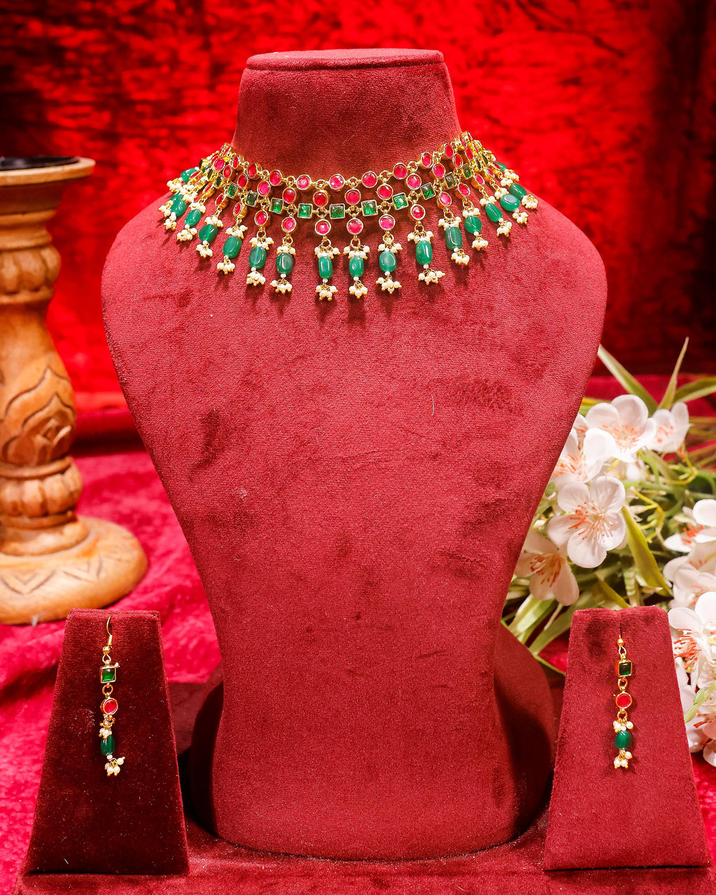 Delicate Handcrafted Chandbali Pearl Choker Set with Mint Green Drops
