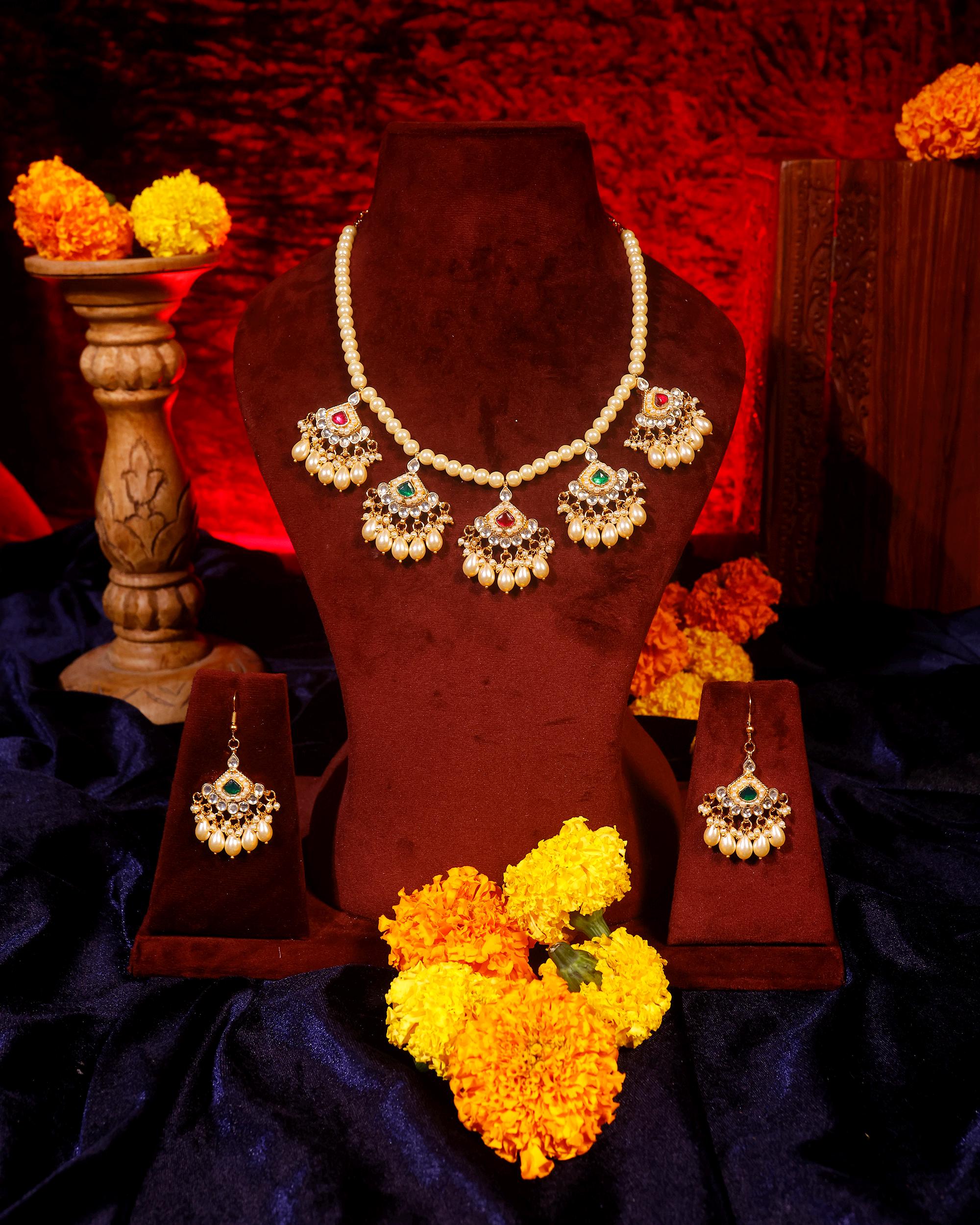 Handcrafted Indian Meenakari Kundan Necklace Set: Ruby Pink Pearls, Gold Finish
