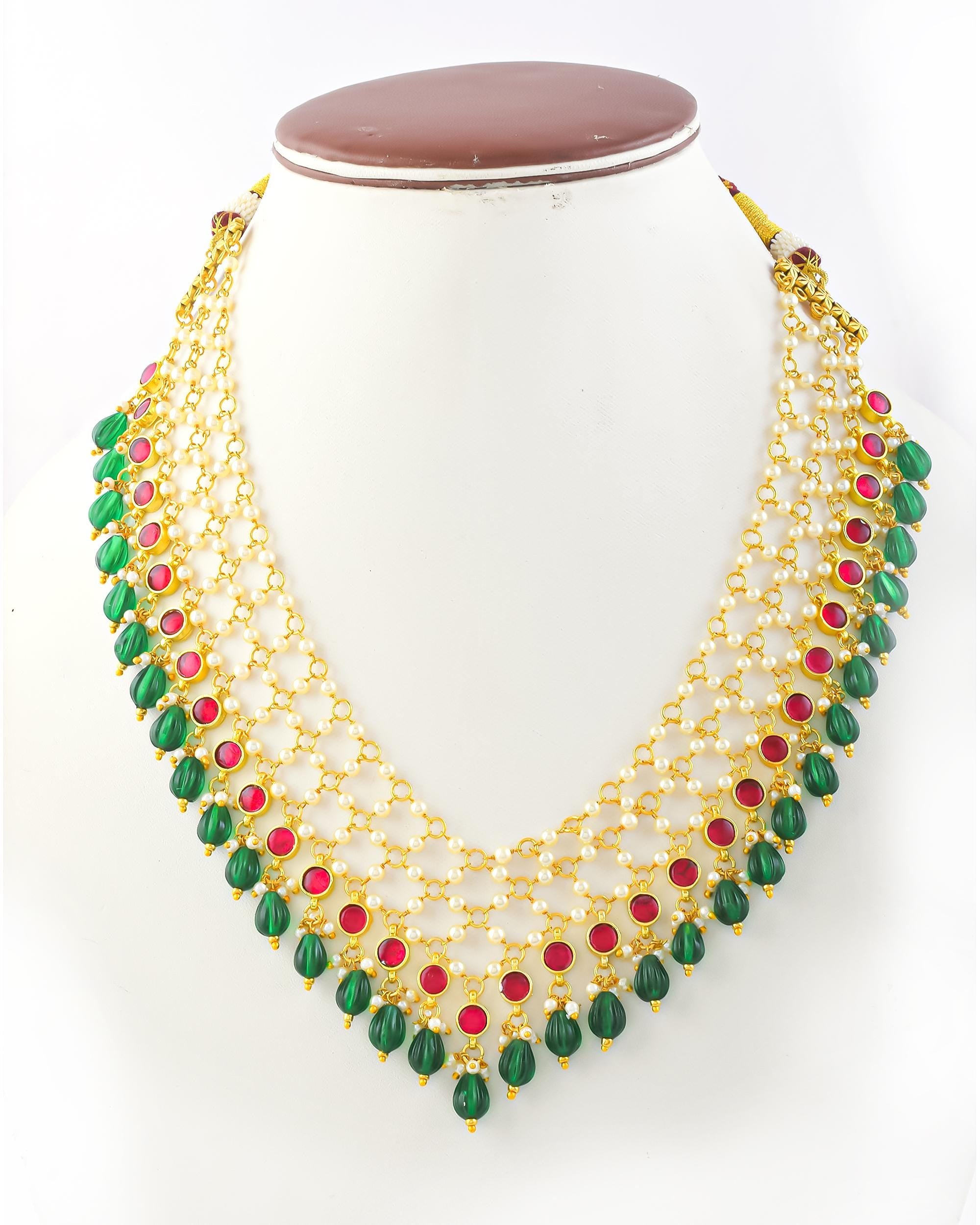 Indian Pearl Necklace Set, Green Red Beaded Choker, Traditional Bridal Jewelry, Ethnic Wedding Necklace, Handmade Festive Jewelry Gift for H