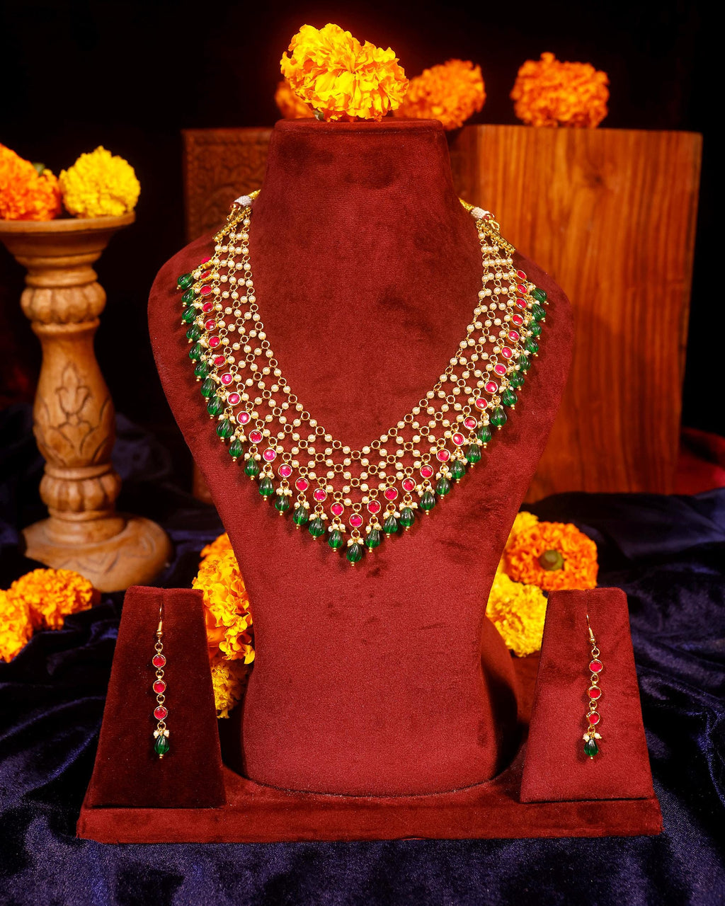 Indian Pearl Necklace Set, Green Red Beaded Choker, Traditional Bridal Jewelry, Ethnic Wedding Necklace, Handmade Festive Jewelry Gift for H