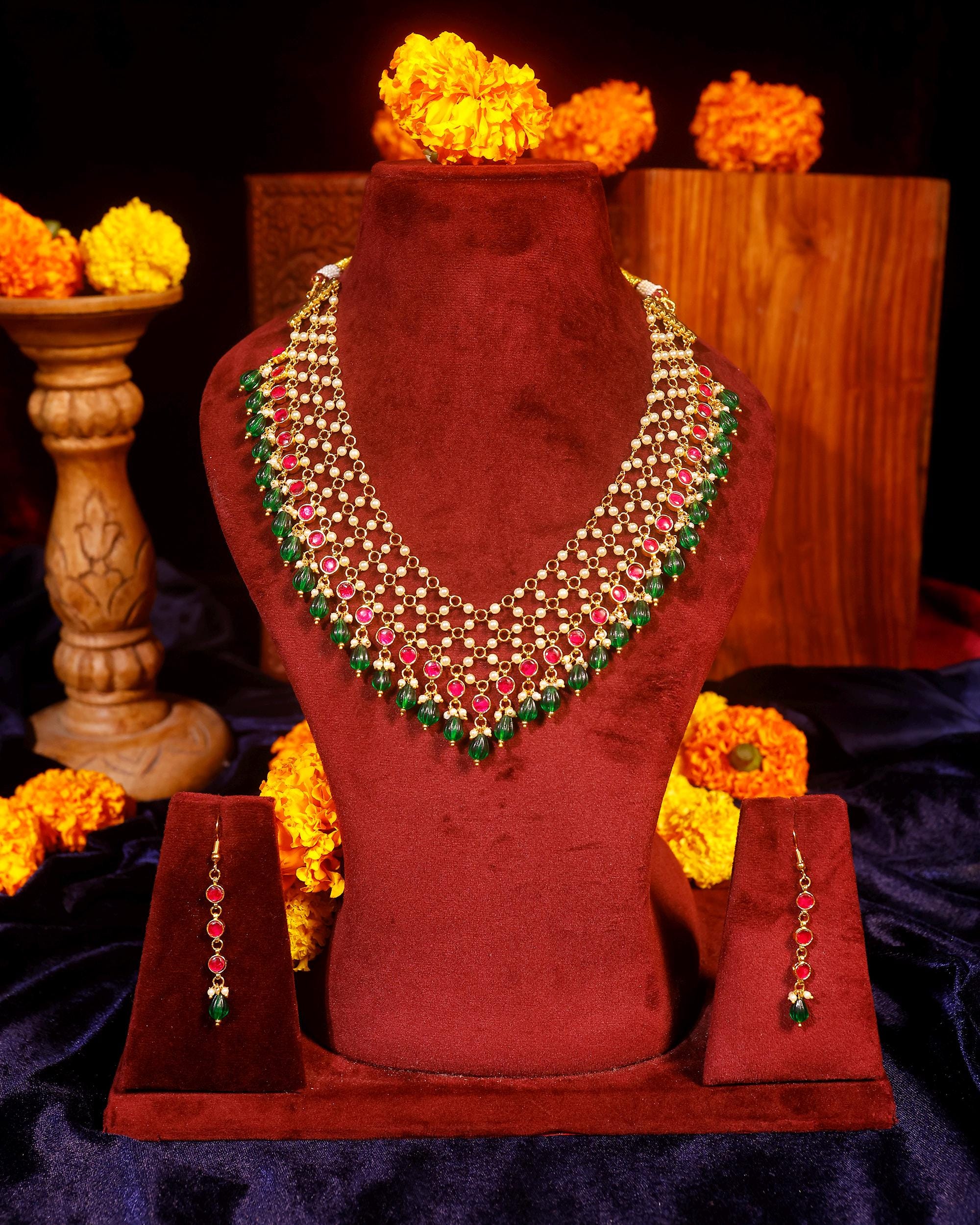 Indian Pearl Necklace Set, Green Red Beaded Choker, Traditional Bridal Jewelry, Ethnic Wedding Necklace, Handmade Festive Jewelry Gift for H