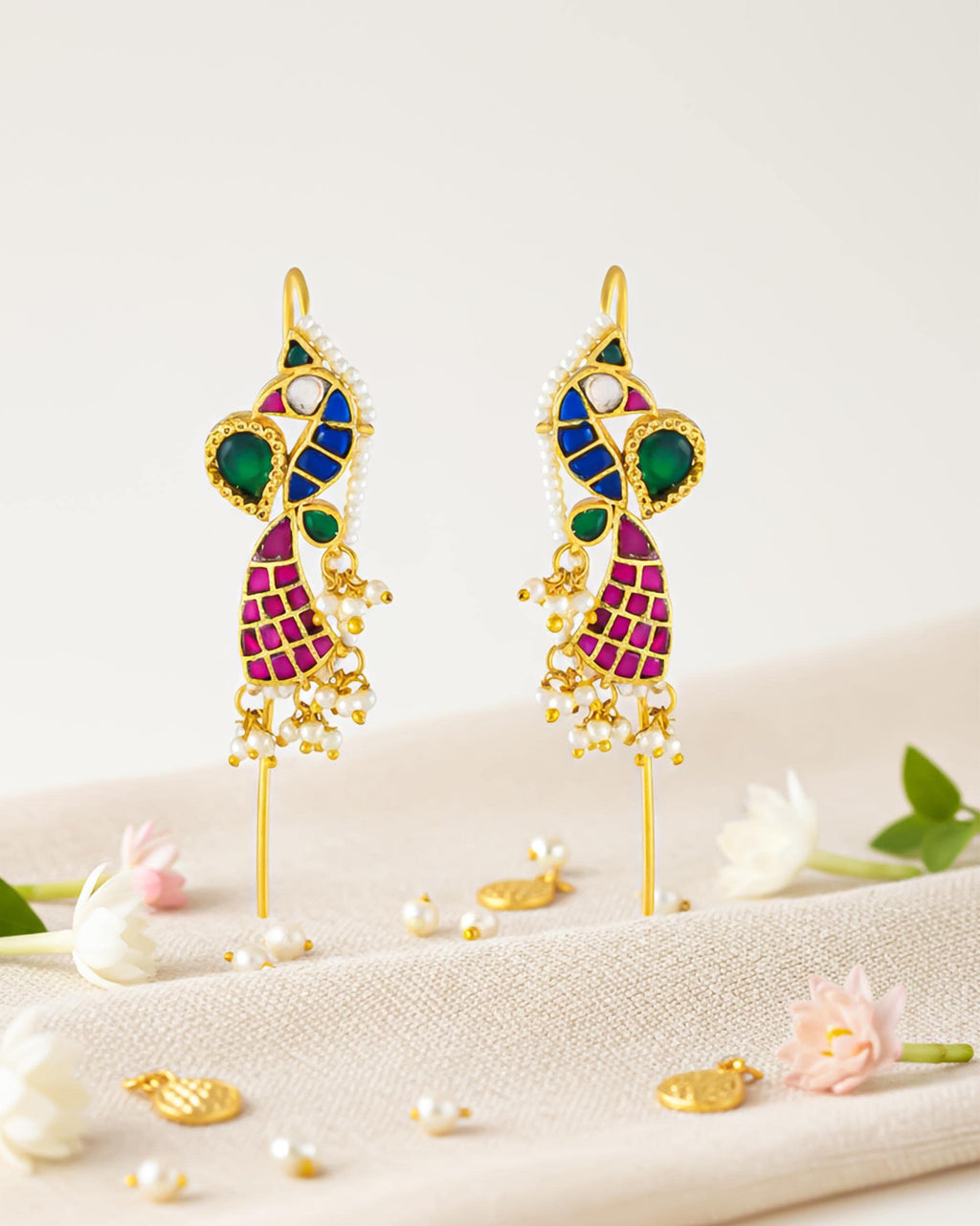 Traditional Meenakari Peacock Ear cuff | Handcrafted Jadau-Style Ear Crawlers